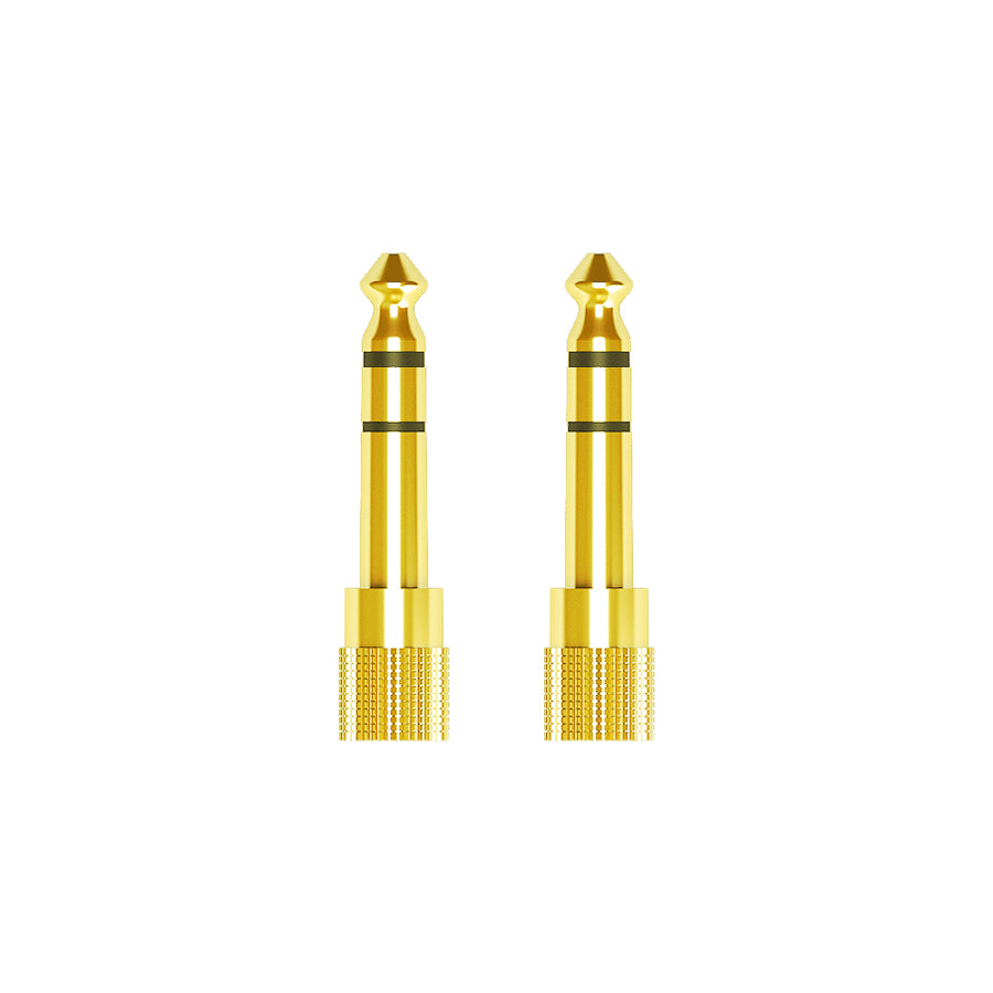 2 gold-plated 1/4 inch stereo audio adapter with a knurled grip.