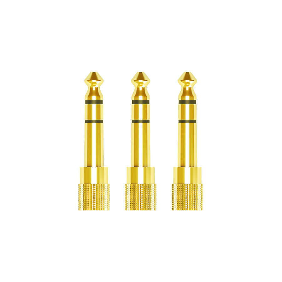 3 gold-plated 1/4 inch stereo audio adapter with a knurled grip.