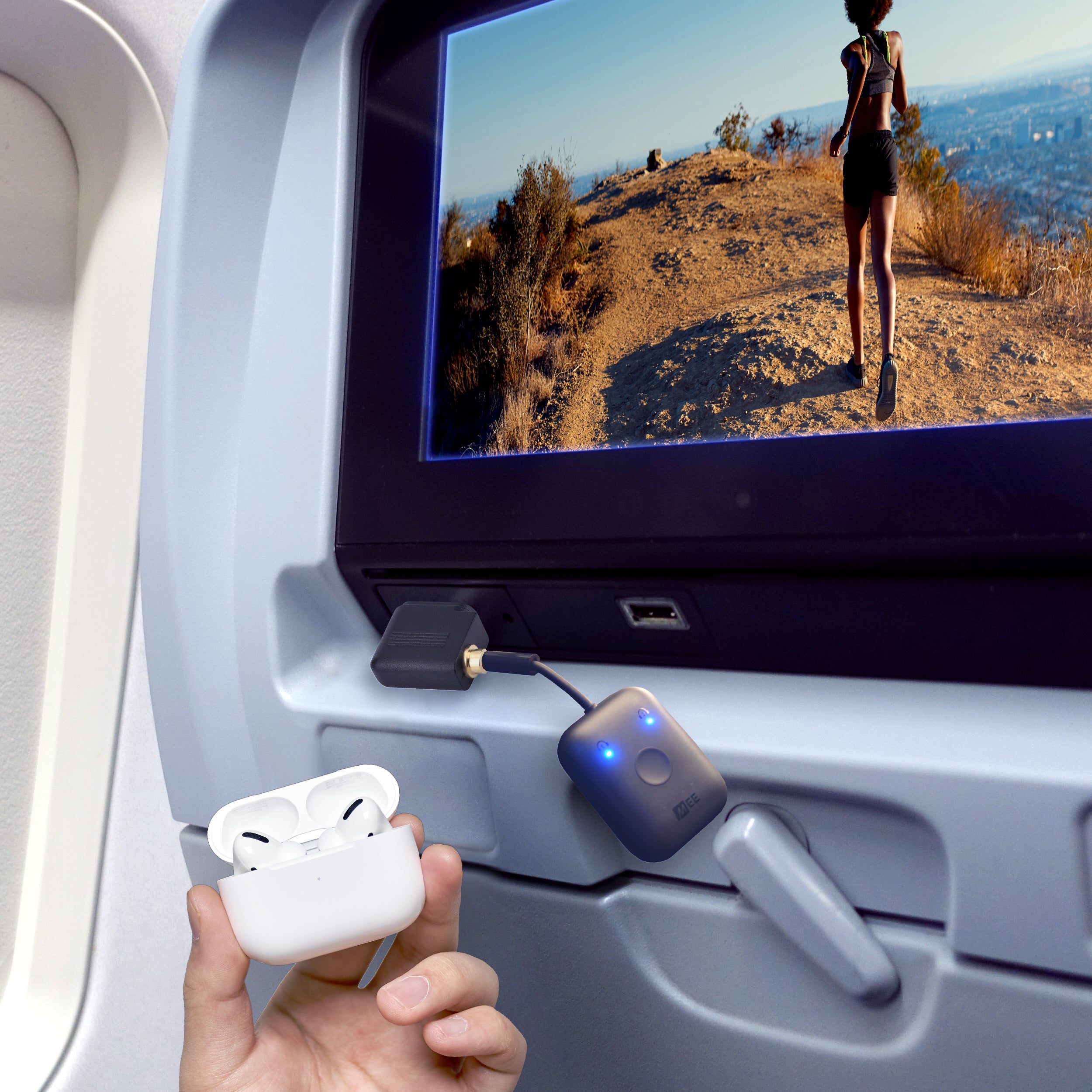 connect air wireless bluetooth adapter transmitter for inflight entertainment systems on airplane pairing to airpods