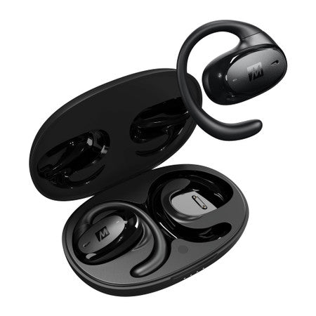 Black wireless earbuds with ear hooks inside an open charging case, showcasing the left and right earbuds distinctly marked with "l" and "r" and a sleek, modern design.