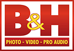 The logo of b&h photo video pro audio, featuring bold red and yellow text with a white outline, and a graphical element resembling a camera lens incorporated in the design.
