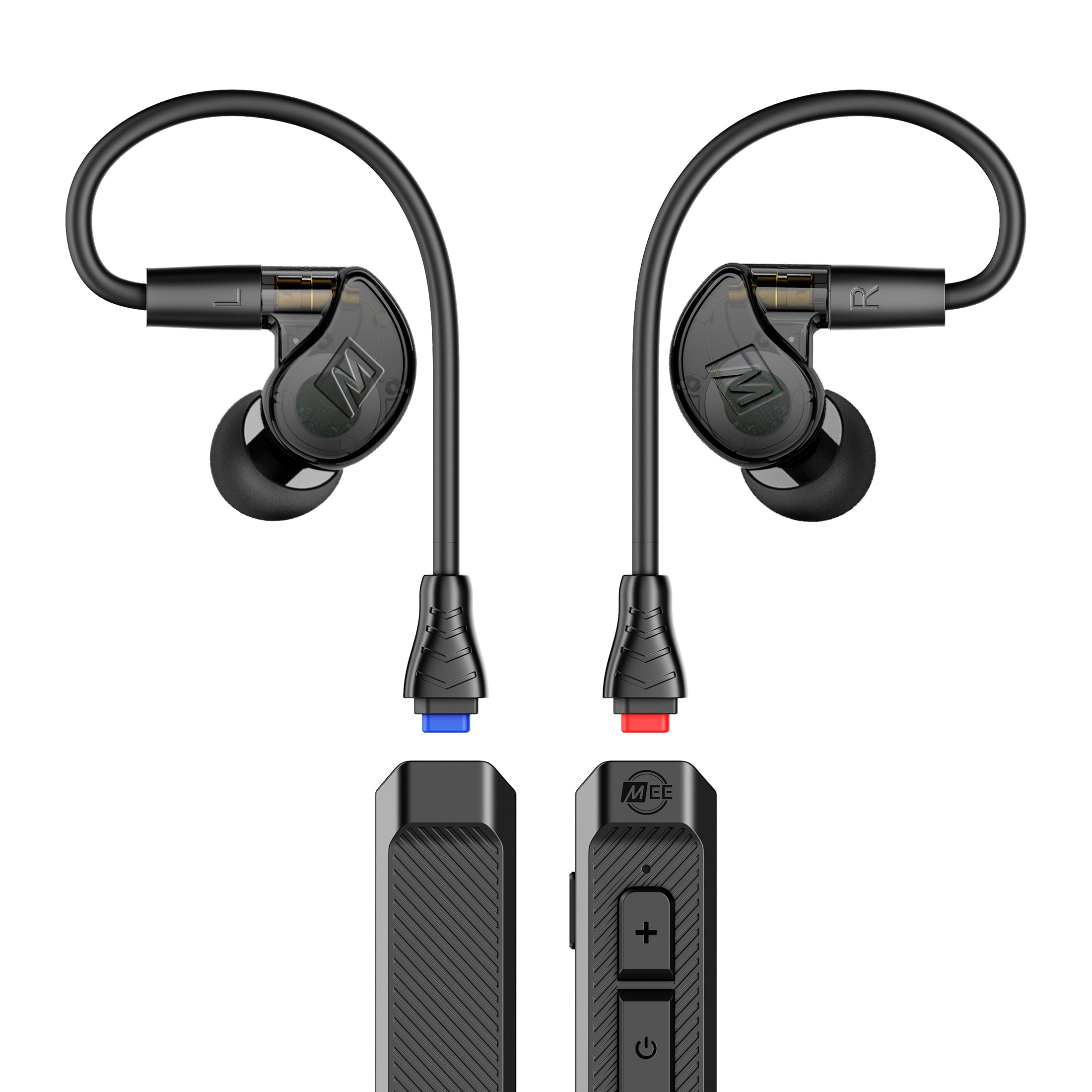 Black M6 PRO earpieces and BT3 Bluetooth Adapter cable on a white background