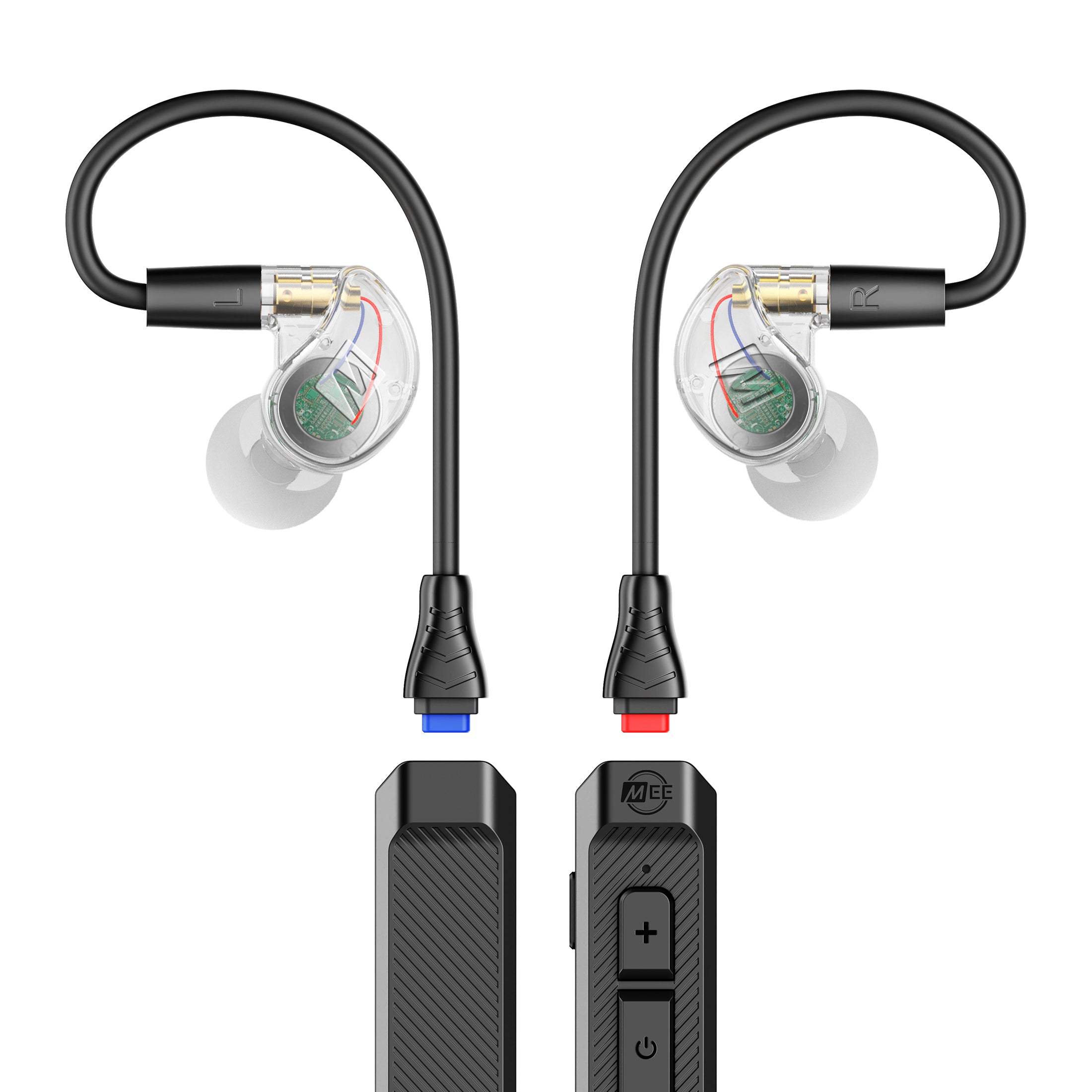 Clear M6 PRO earpieces and BT3 Bluetooth Adapter cable on a white background