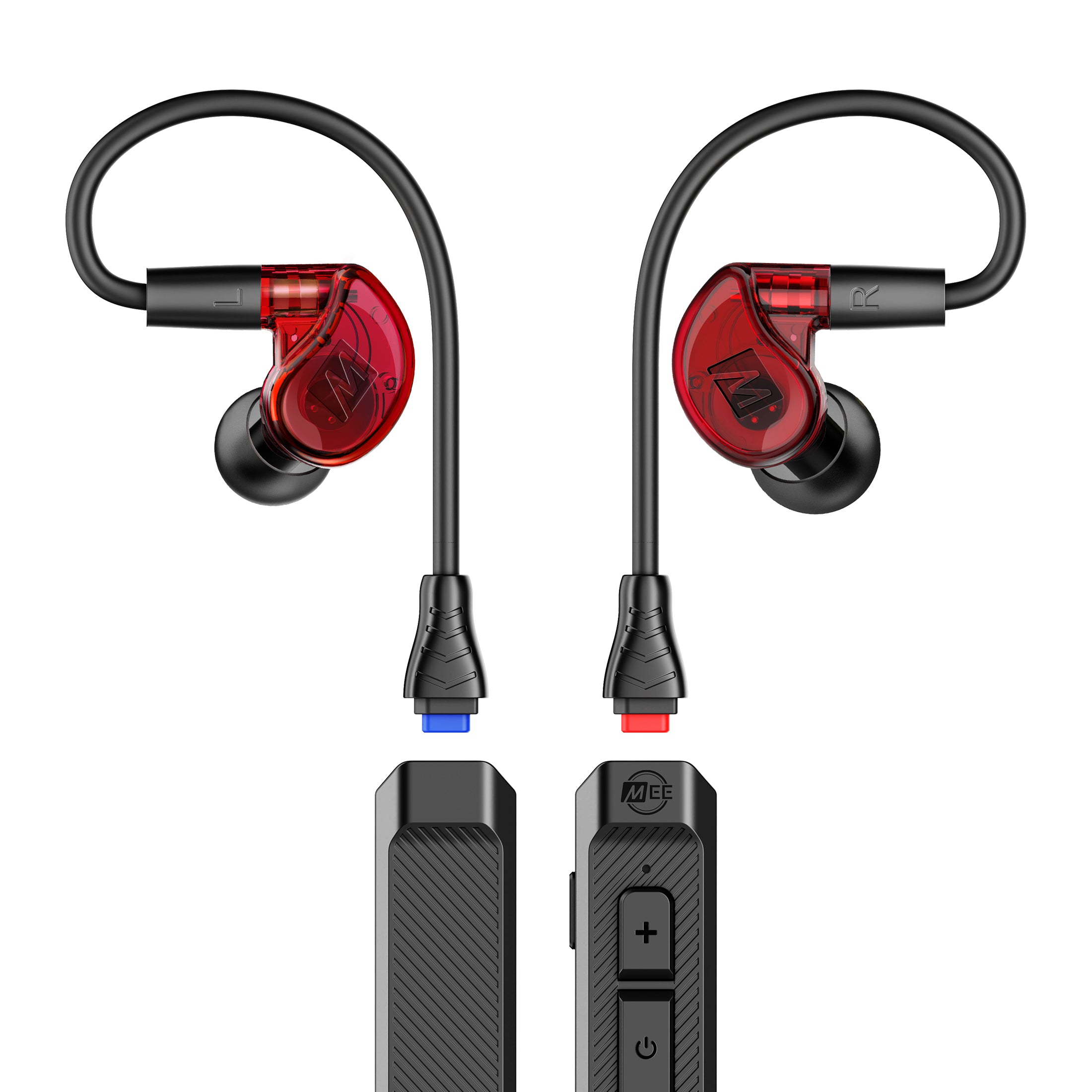 Red M6 PRO earpieces and BT3 Bluetooth Adapter cable on a white background