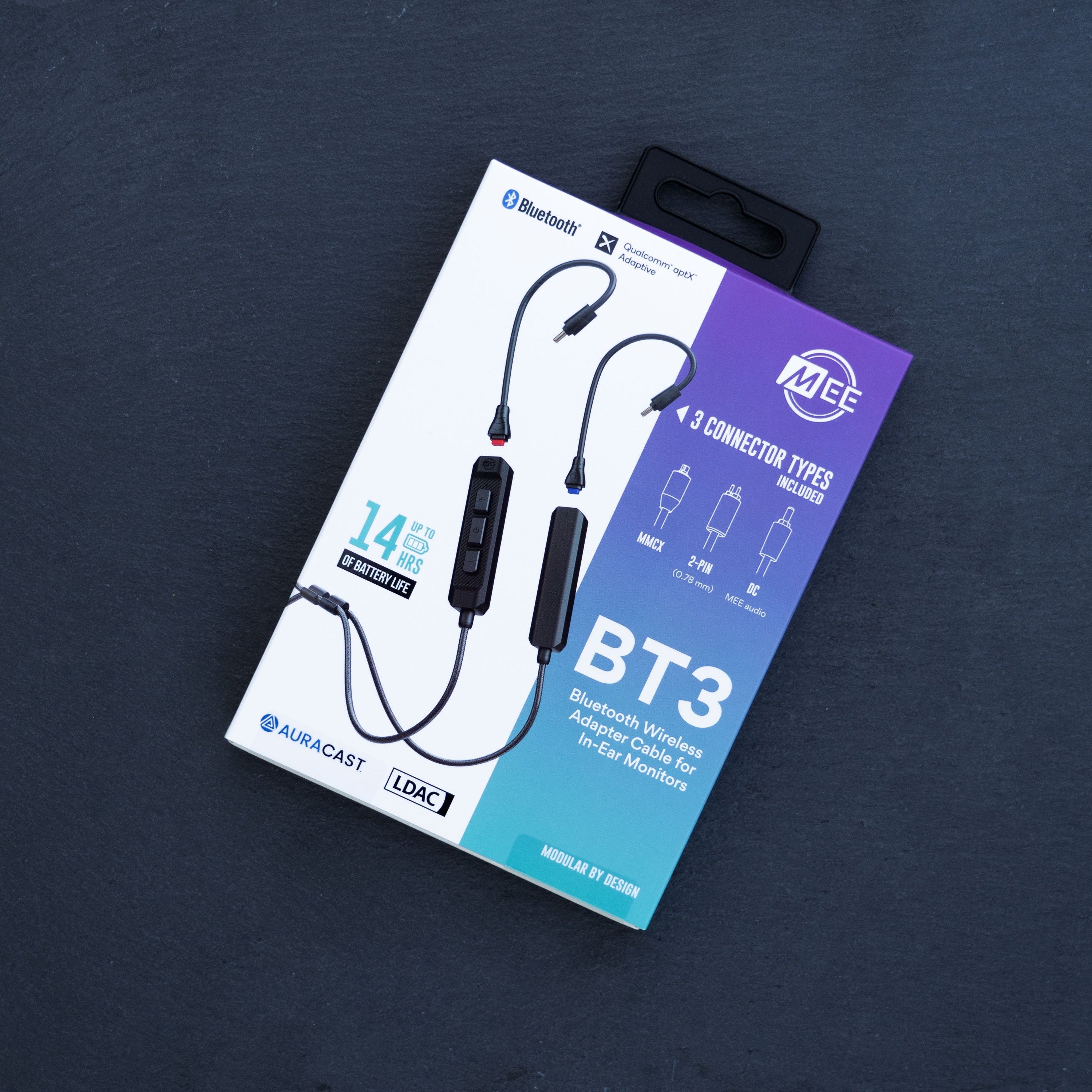 BT3 Bluetooth adapter packaging with MEE audio branding on a dark background