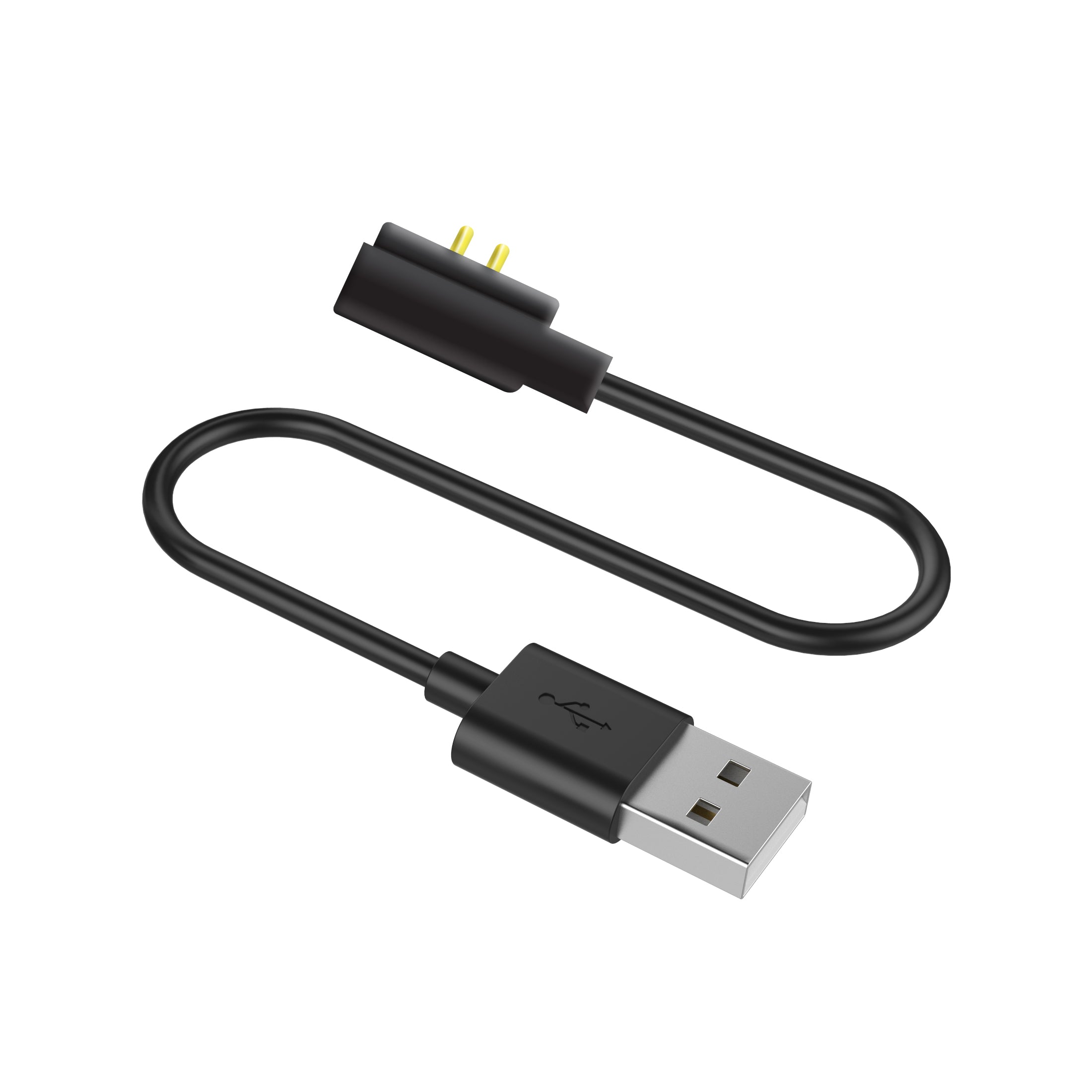 Black magnetic charging cable with a USB plug on a white background