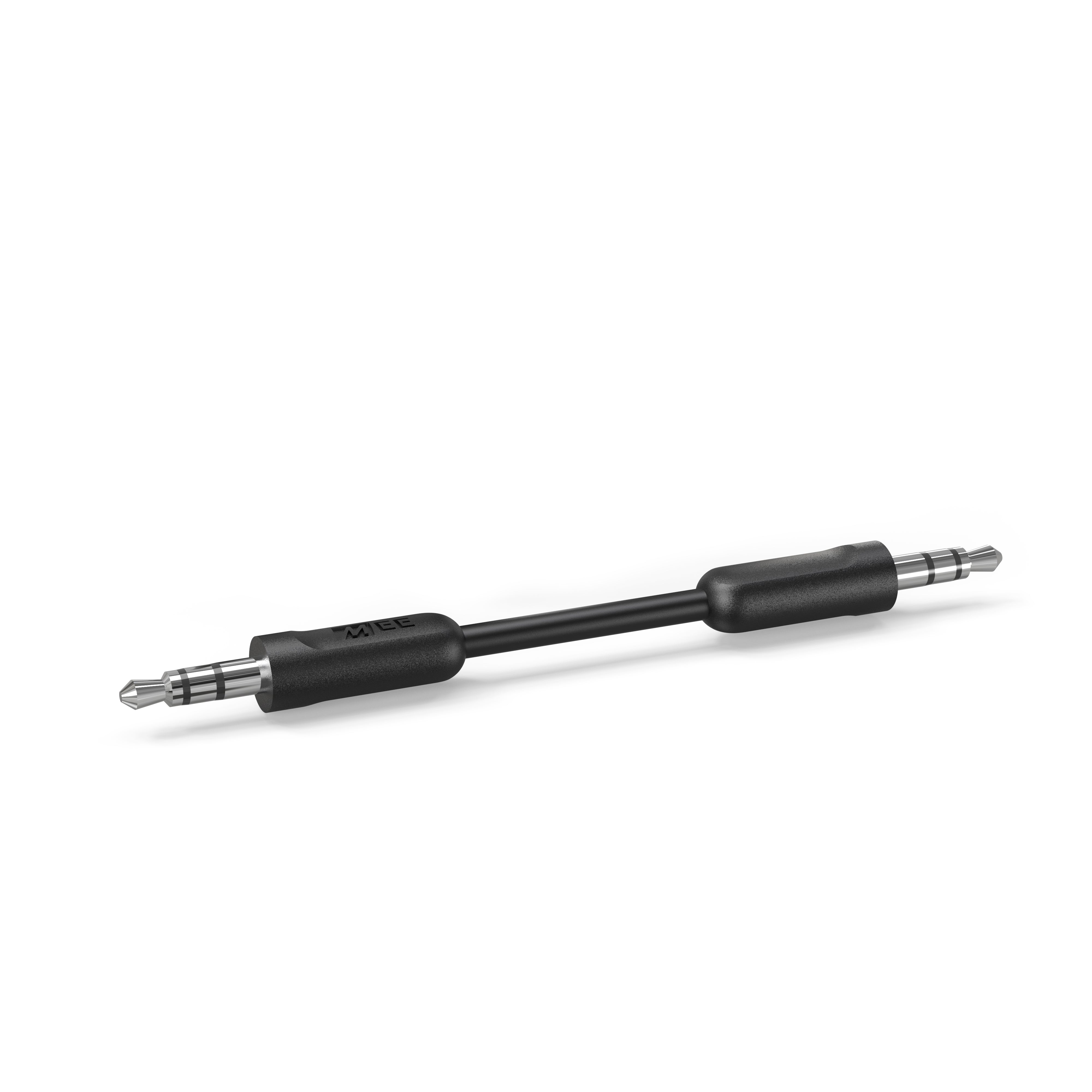 Black audio cable with 3.5mm connectors on a white background
