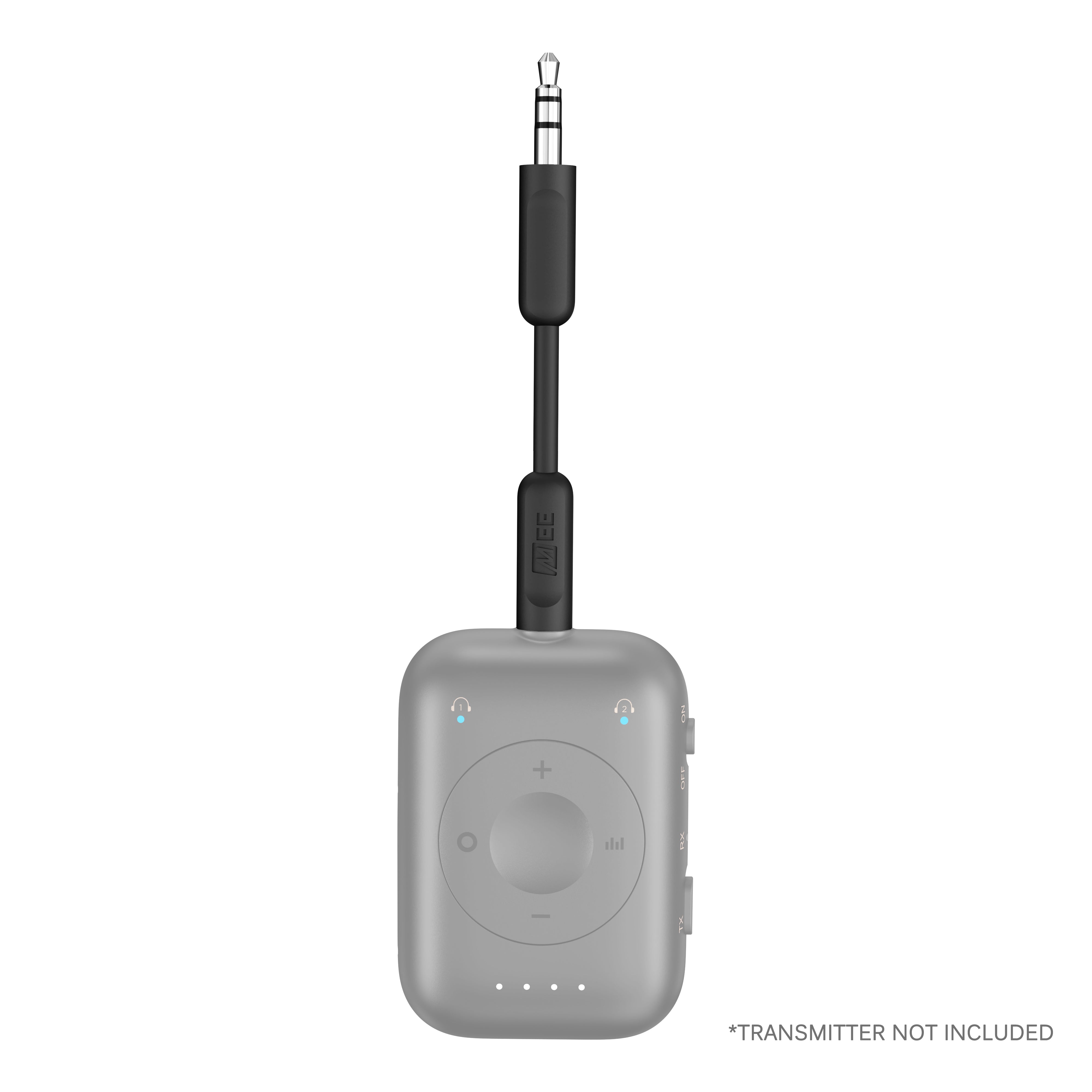 example of short cable plugged into a inflight airplane transmitter and car bluetooth receiver like the MEE audio Connect Air Pro CA2