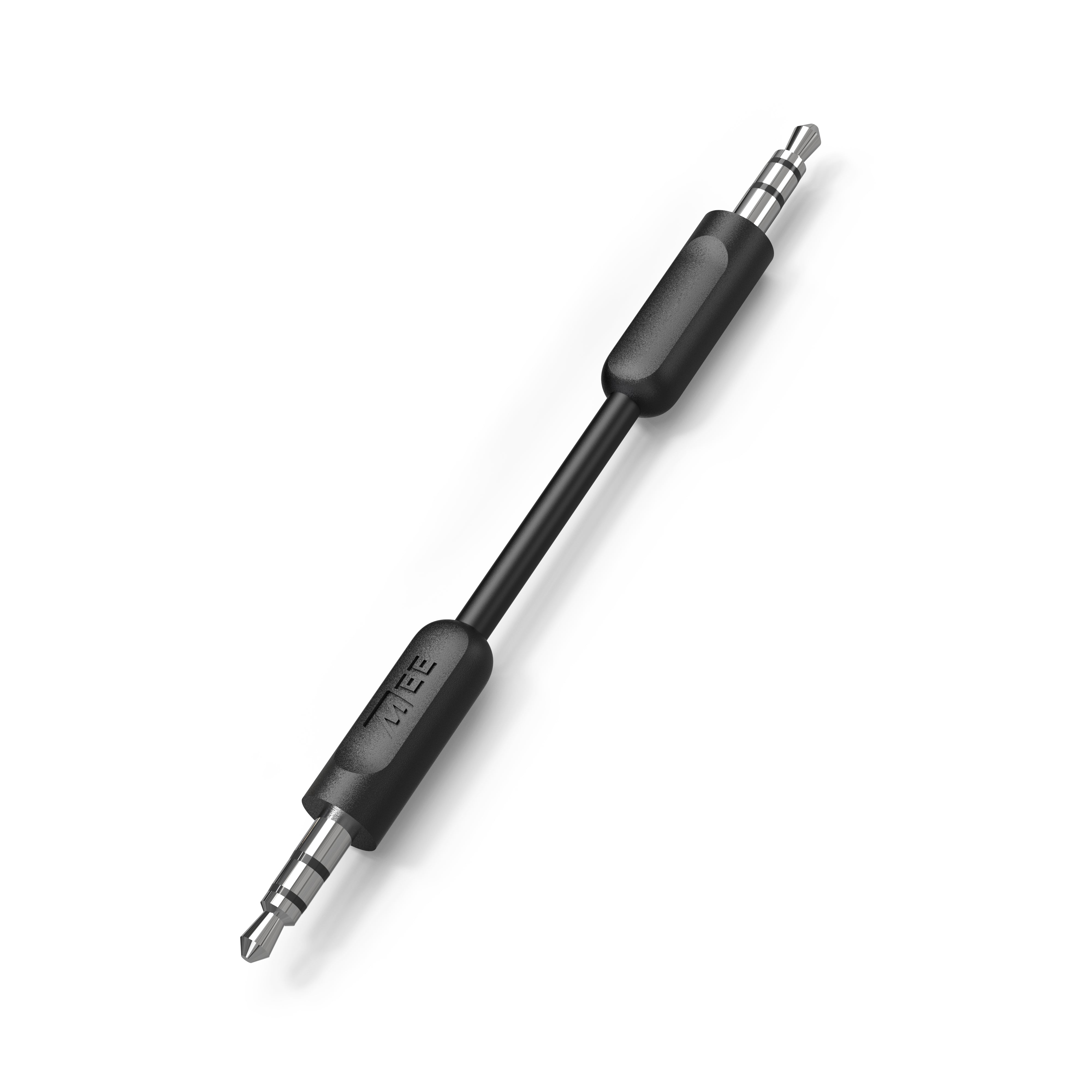 Black audio cable with 3.5mm connectors on a white background