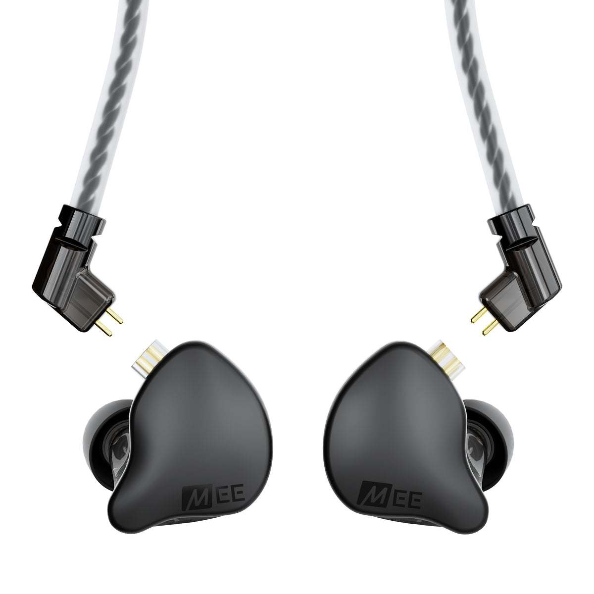 A pair of black MEE audio CORE 2 dual hybrid driver in-ear monitors with a braided cable and right-angle connectors, shown from the front on a white background. The brand name 'MEE' is visible on the earpieces.