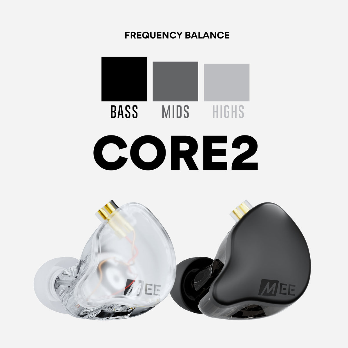 MEE audio CORE 2 in-ear monitors in Clear and Black, shown side by side with gold 2-pin connectors and silicone eartips. Above them, a frequency balance graphic shows three bars labeled Bass, Mids, and Highs, with bass tallest, mids slightly lower, and highs lowest.