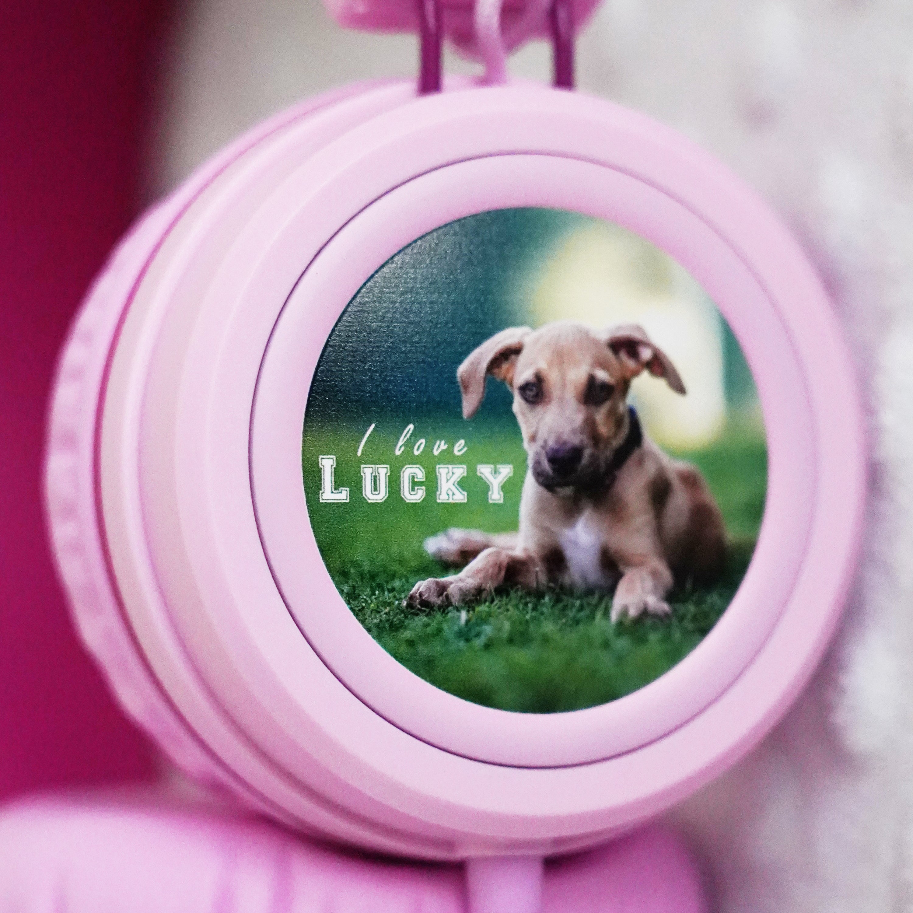 Pink KidJamz KJ55AUX headphones faceplate with a dog design and text "I Love Lucky" in color on a blurry background