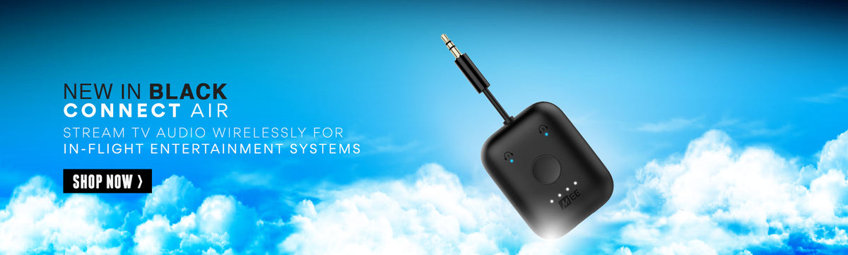 A promotional banner for "connect air" featuring a black version of the wireless audio streaming device against a sky background with clouds, with text advertising its use for in-flight entertainment systems.