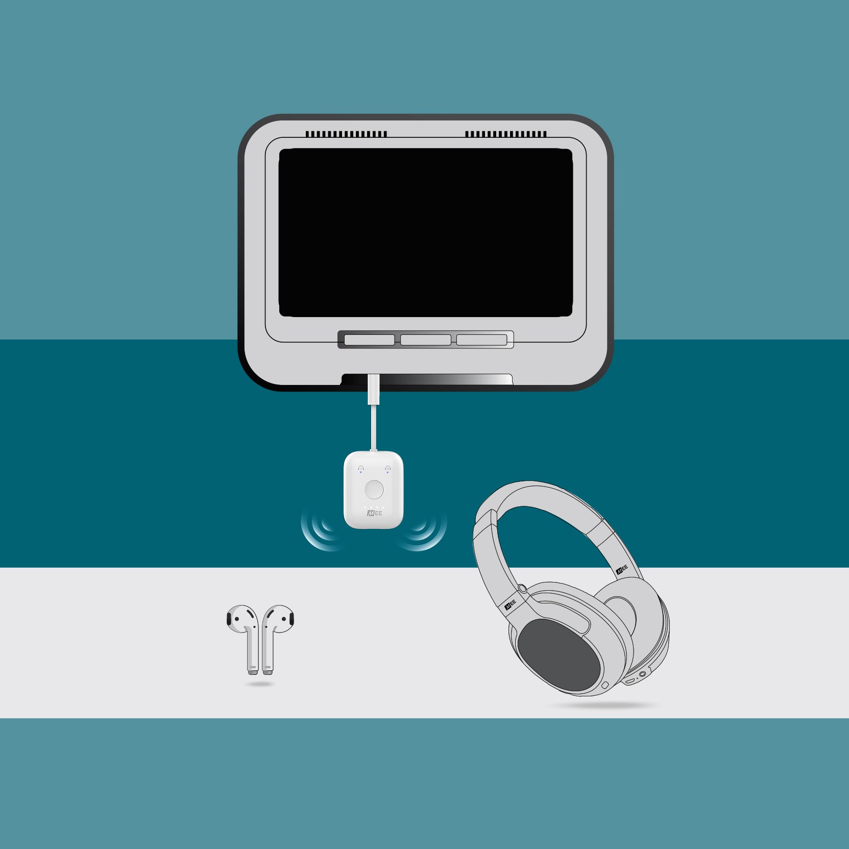 Graphic illustration of electronic devices, including a computer monitor, a webcam mounted above it, wired and wireless earphones, and over-ear headphones, all against a two-tone blue background.