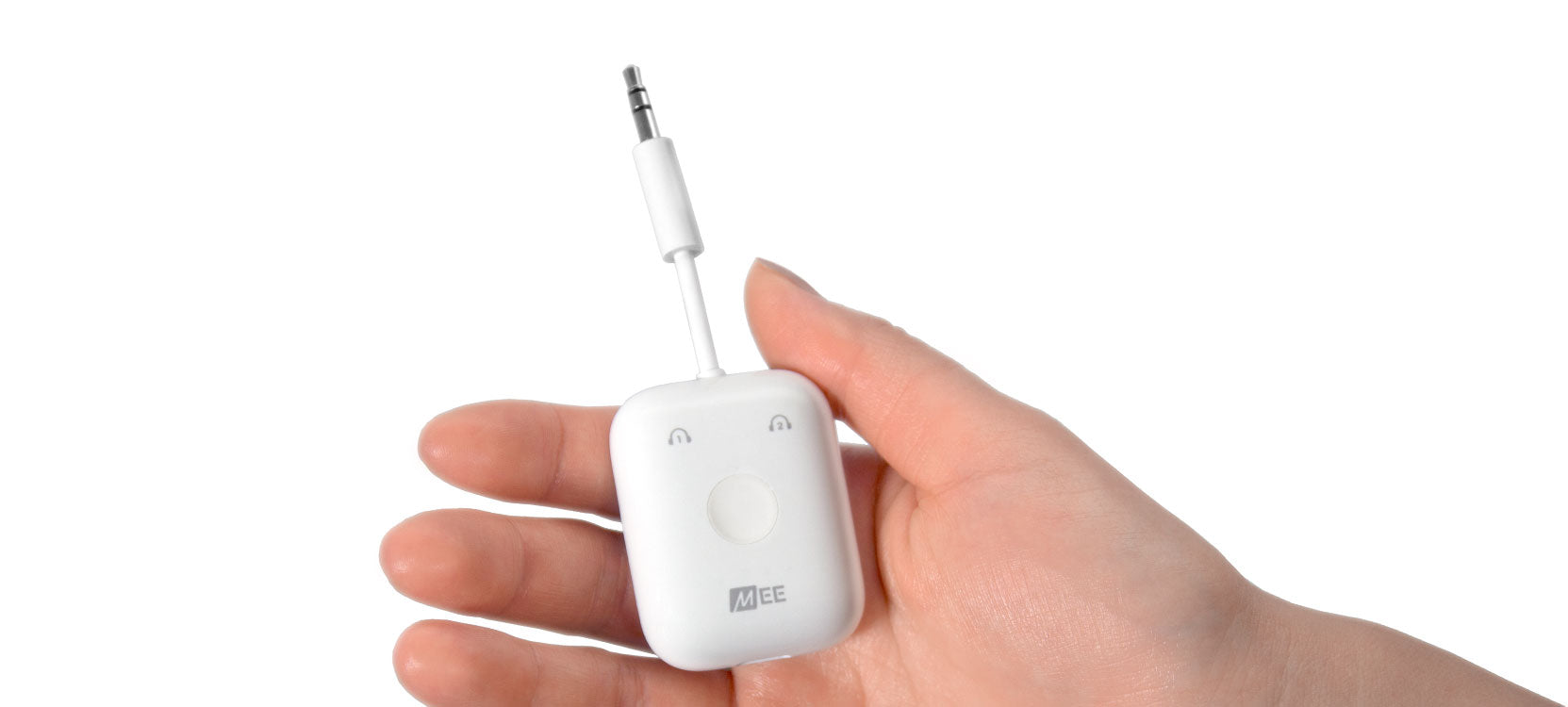 A hand holding a small white audio bluetooth travel adapters with a single button and company logo, set against a white background.