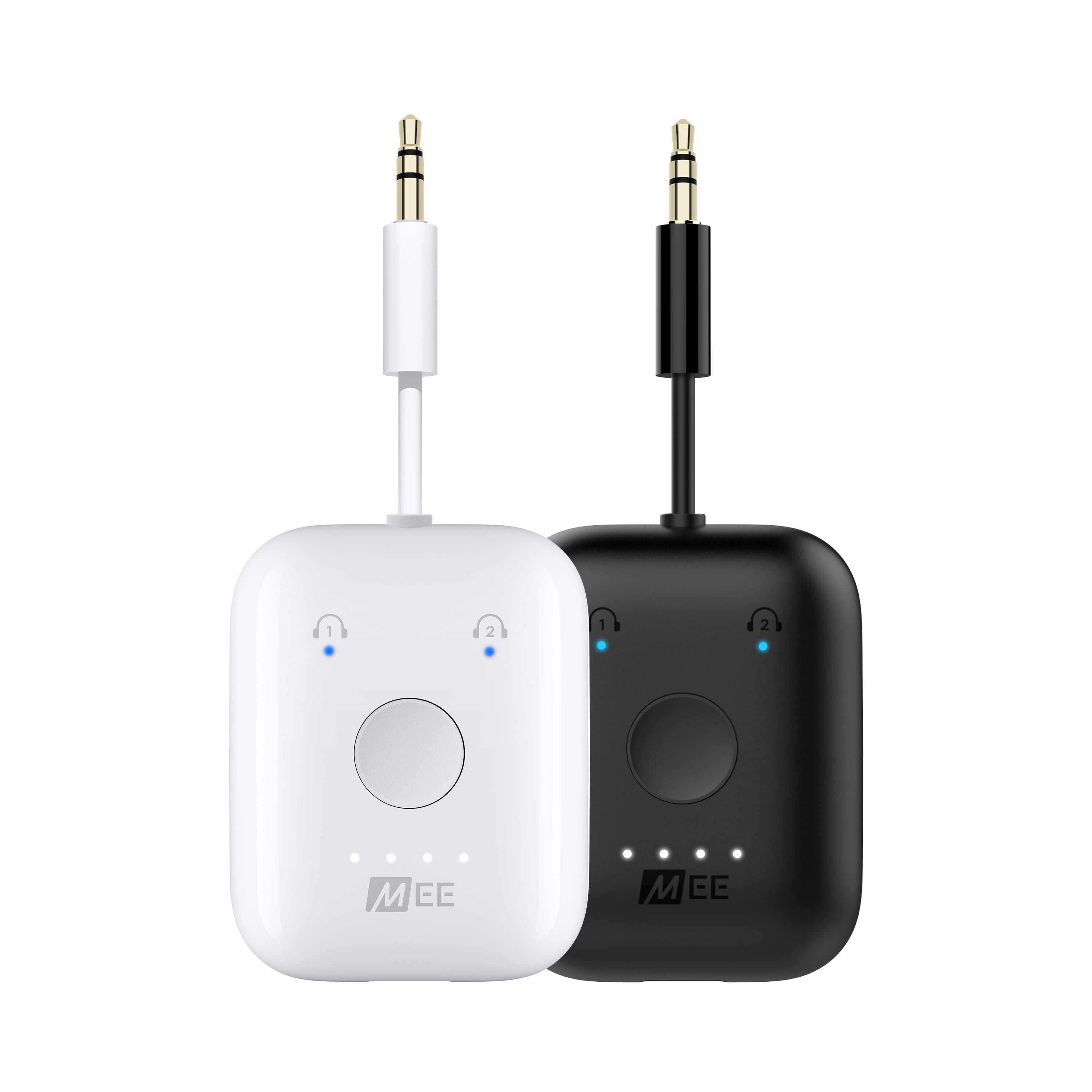 Two bluetooth wireless audio transmitters travel adapters, one in white and one in black, each featuring a pairing button and led indicators, designed to connect headphones to a device without bluetooth.