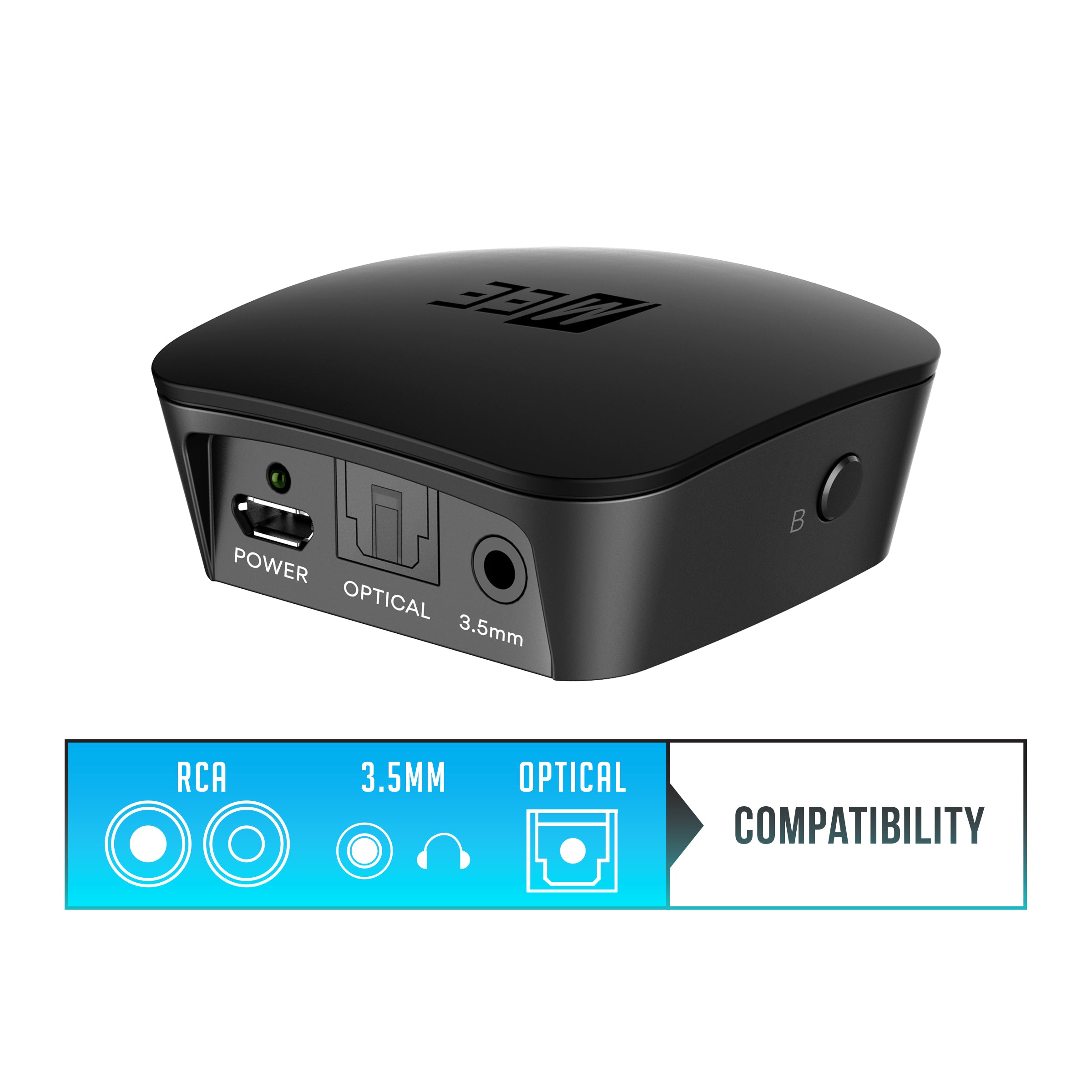 Black wireless audio transmitter with power, optical, and 3.5 mm inputs displayed on its side, along with rca, 3.5mm, and optical compatibility icons below.