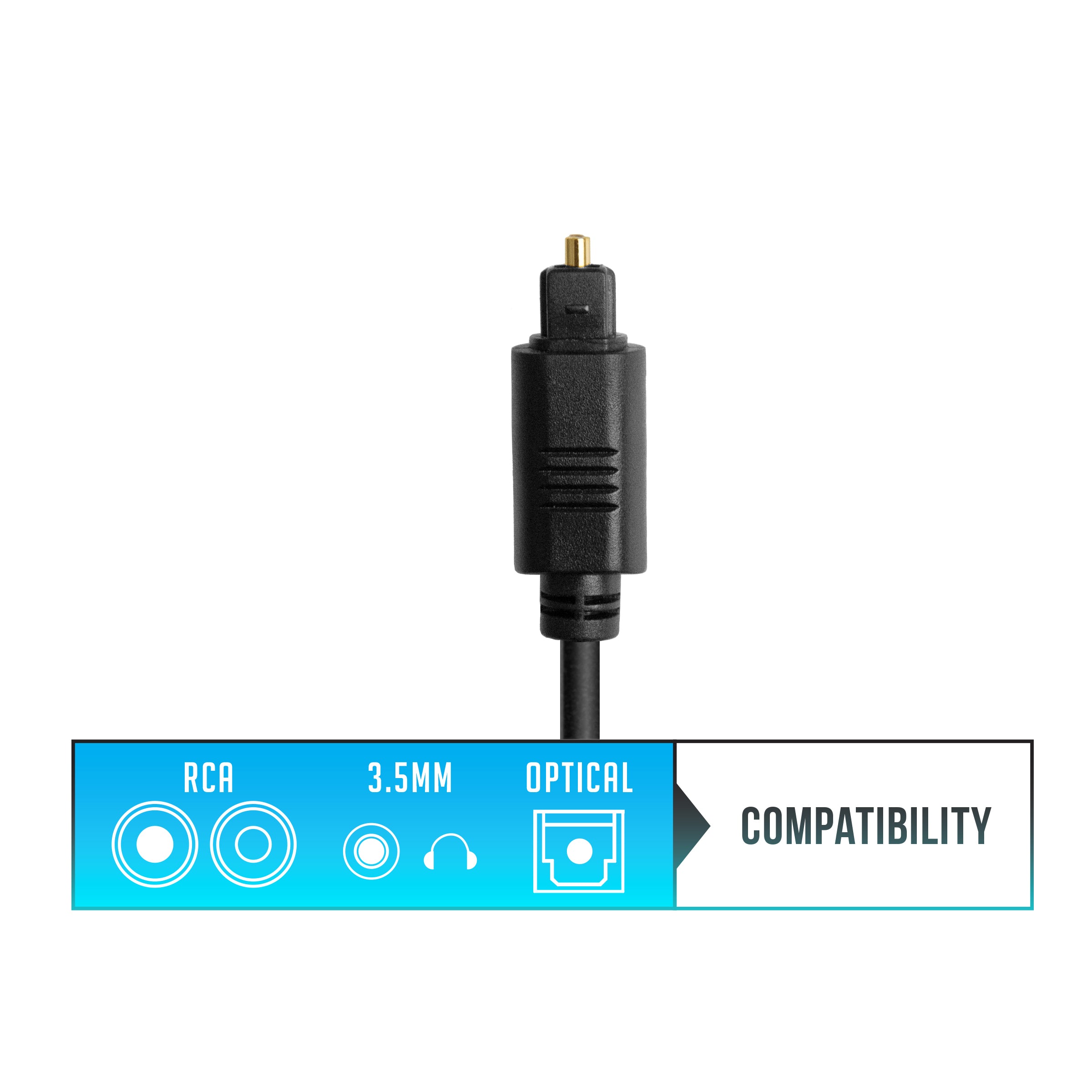 A close-up image of a black 3.5mm audio jack cable with a compatibility chart below showing icons for rca, 3.5mm, and optical connections.
