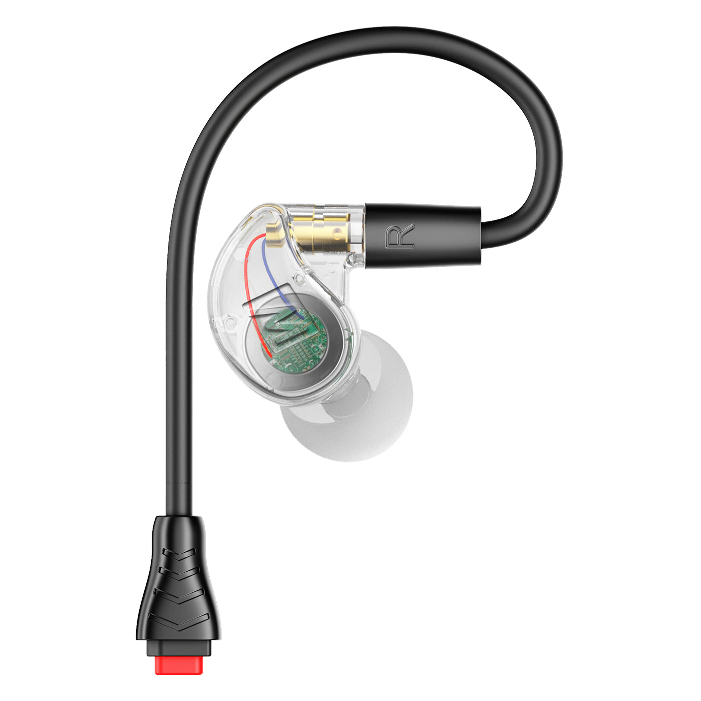 Close-up of a clear M6PRO In-Ear Monitors for BT3 Bluetooth Adapter with DC Earpiece Connectors