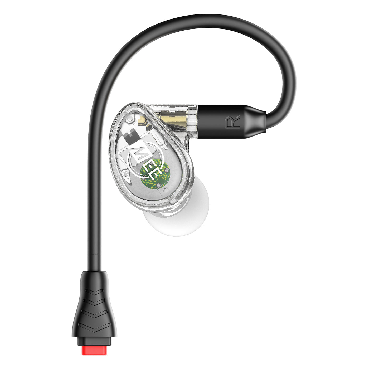 Close-up of a clear MXPRO In-Ear Monitors for BT3 Bluetooth Adapter with DC Earpiece Connectors