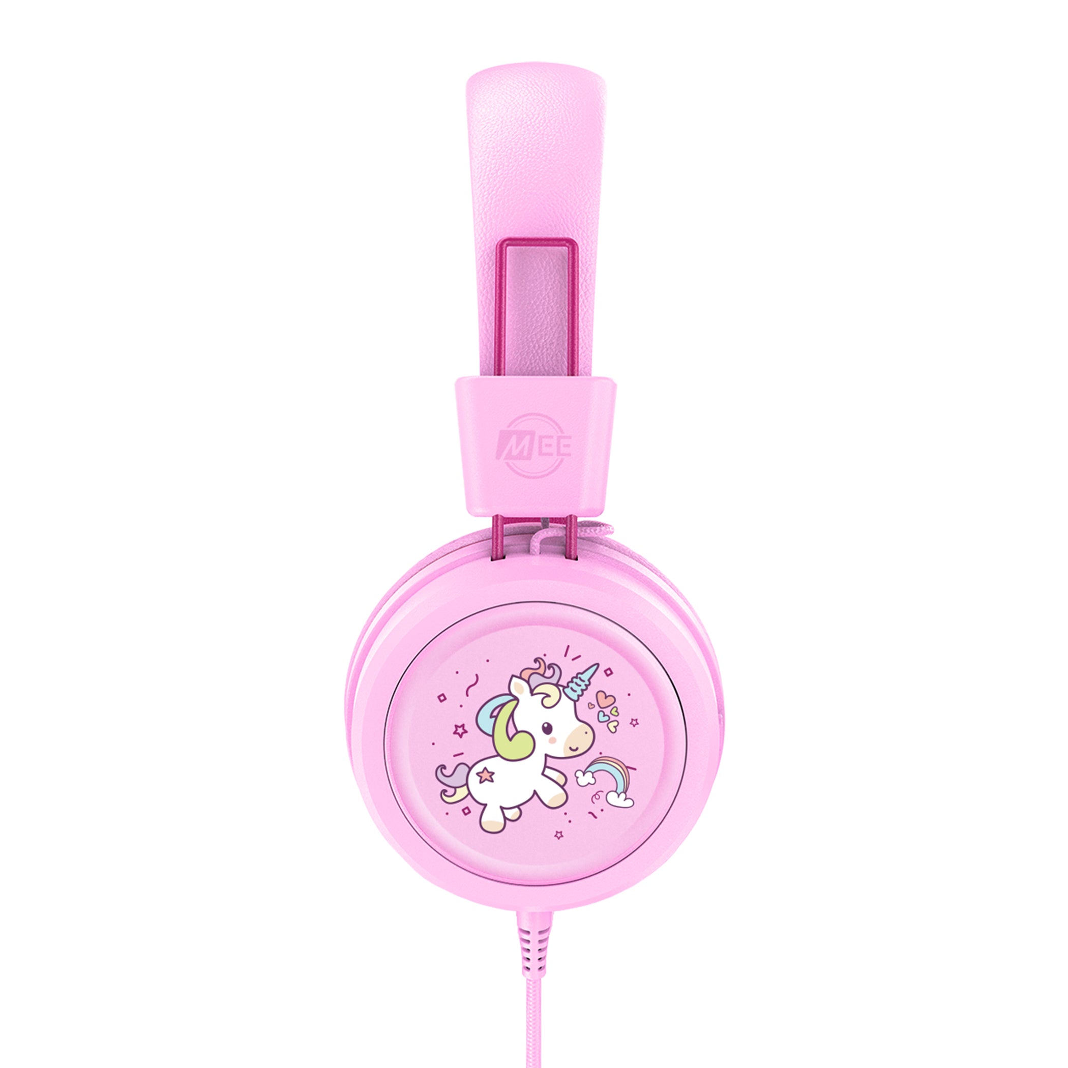 Pink KJ55AUX headphones with a unicorn design on a white background