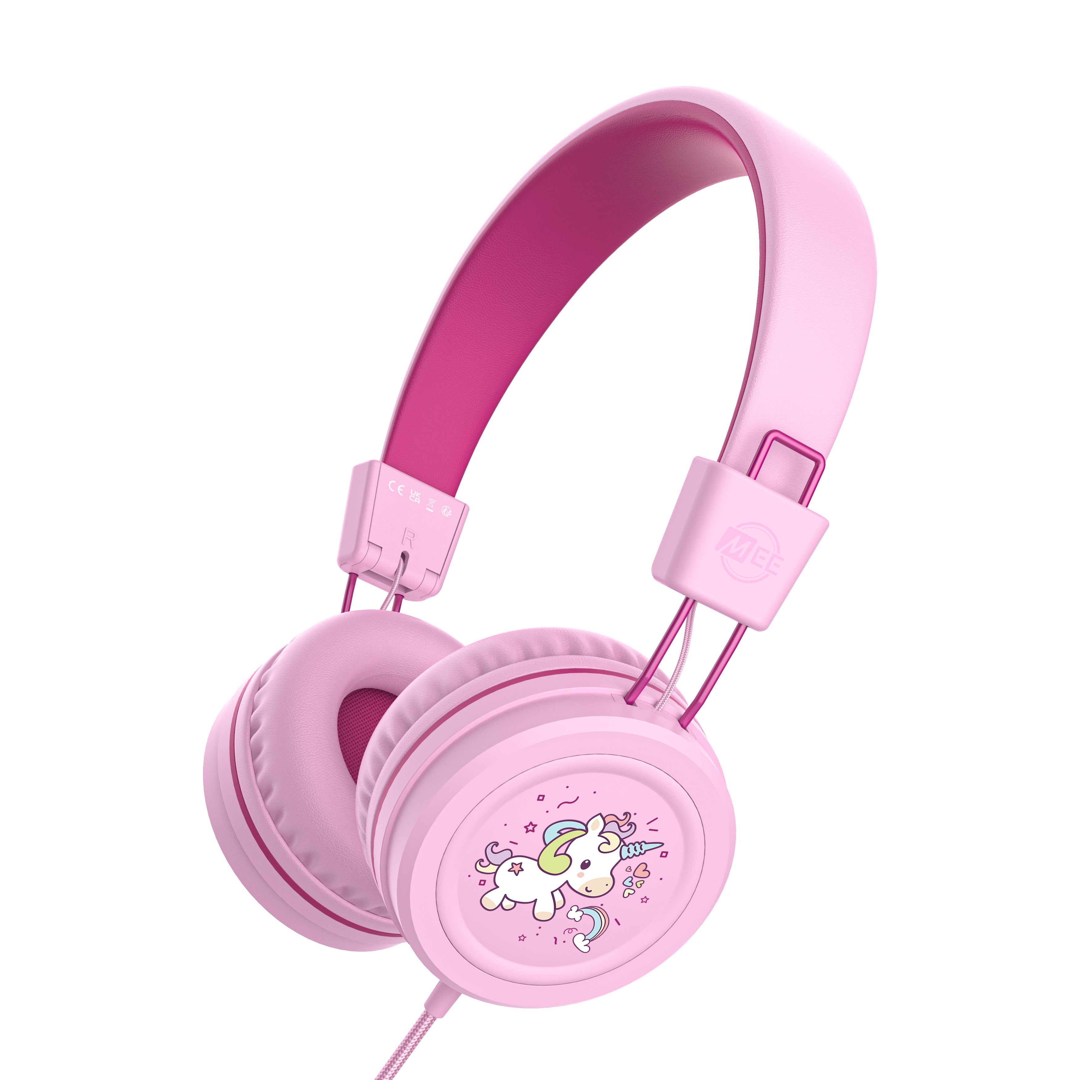 Pink KJ55AUX headphones with a unicorn design on a white background