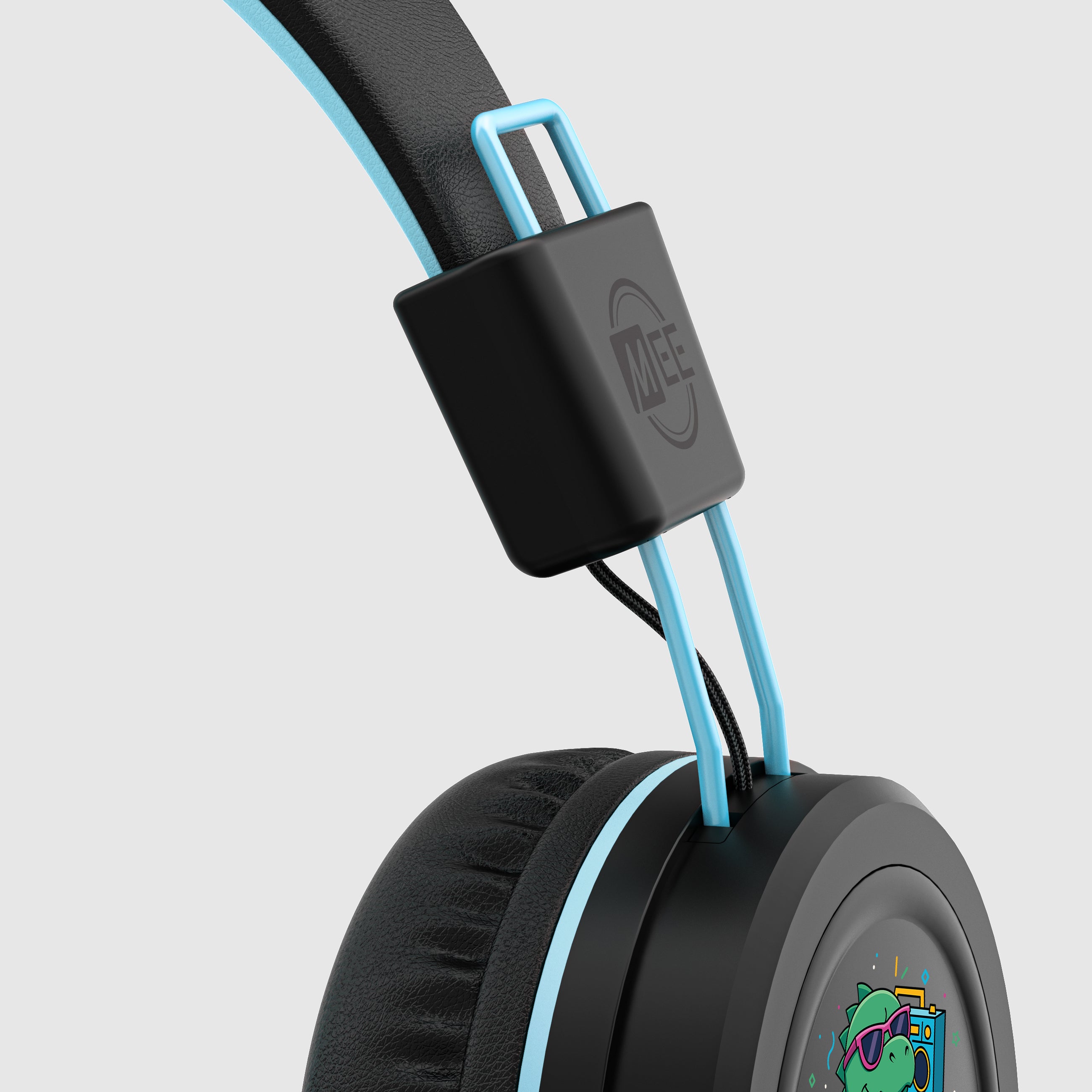 Close-up of a Black KJ55AUX headset with a visible MEE Audio logo on a white background