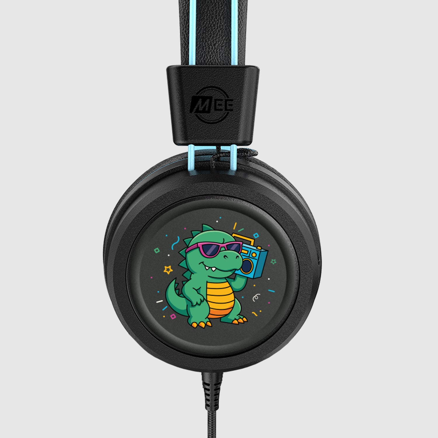Black KJ55AUX headphones with a cartoon dinosaur design on a white background