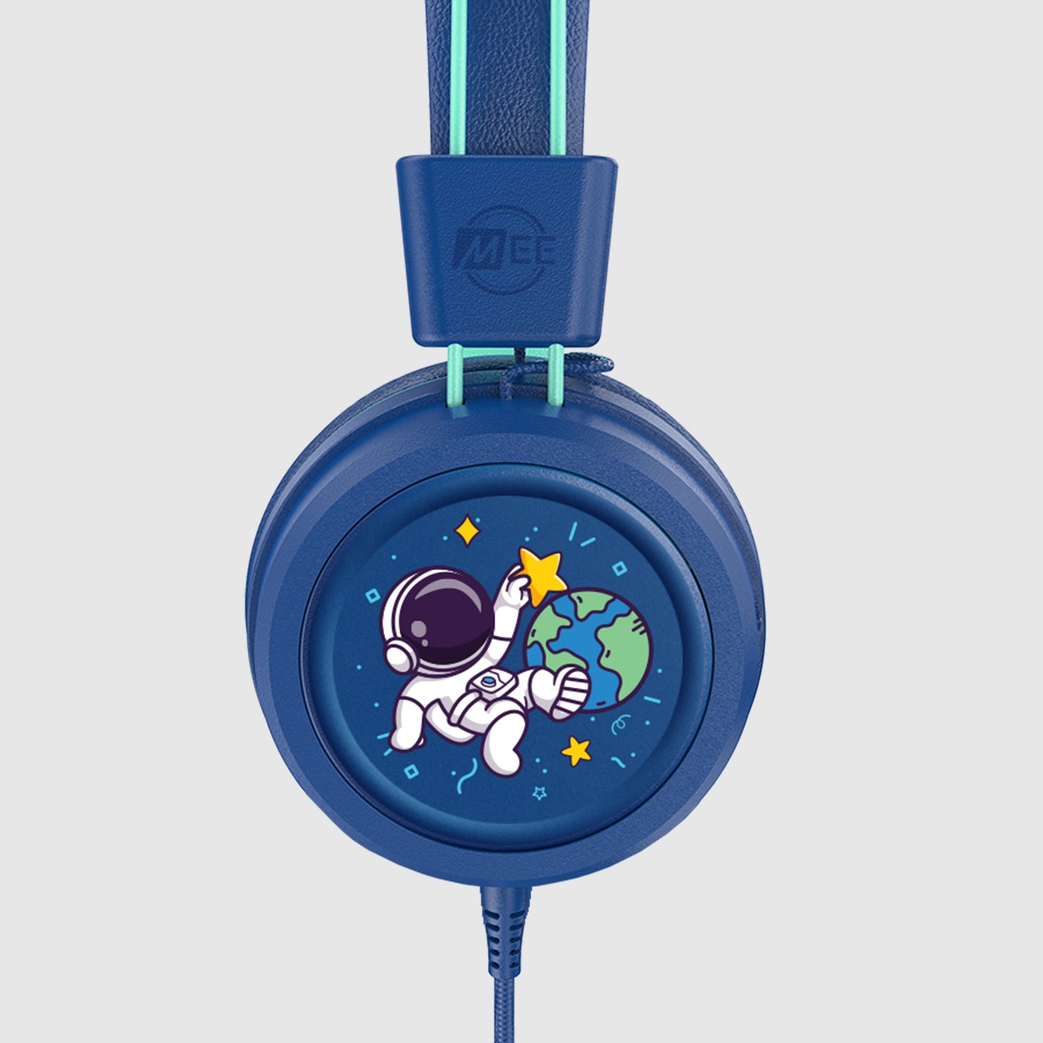 Blue KJ55AUX headphones with an astronaut design on a white background