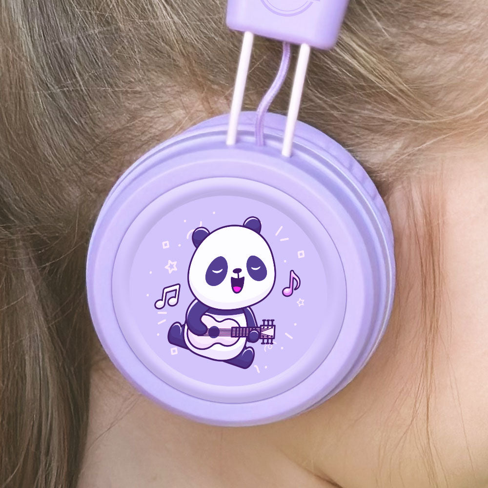Lavender KidJamz KJ55AUX headphones with a panda design in color on the earcup.