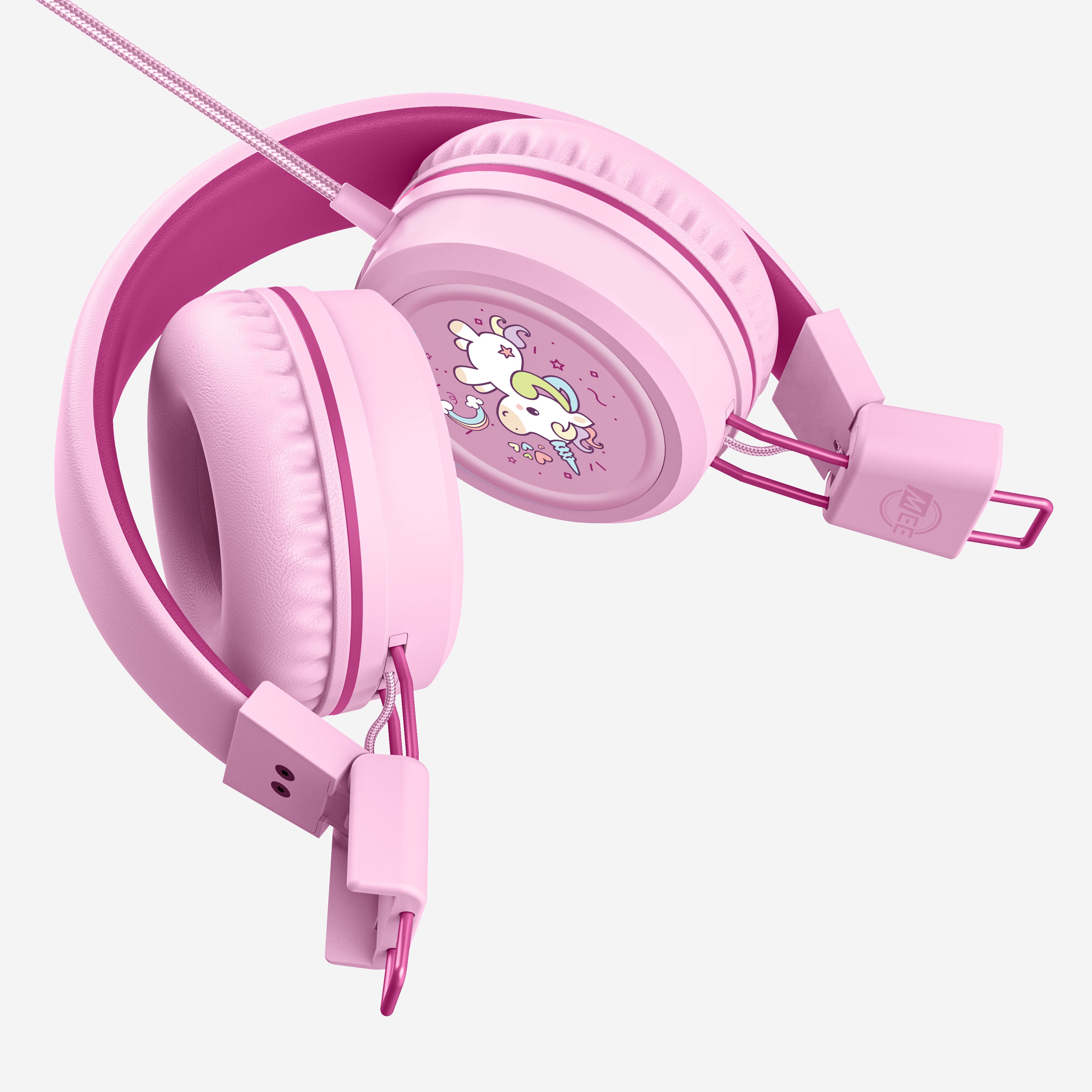 Pink KJ55AUX headphones folded inward with a cartoon Unicorn character design on a white background