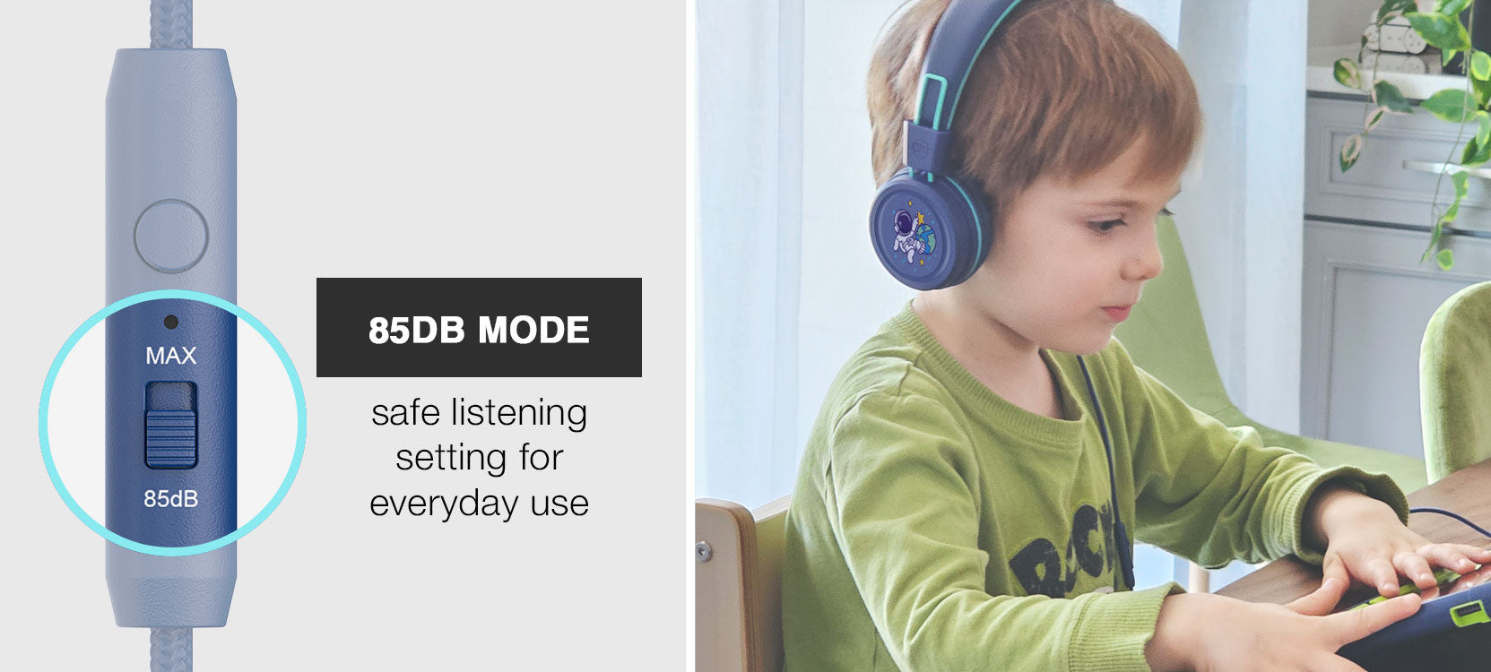 Child wearing blue KJ55AUX headphones with a close-up of the audio cable and '85dB Mode' label displayed.