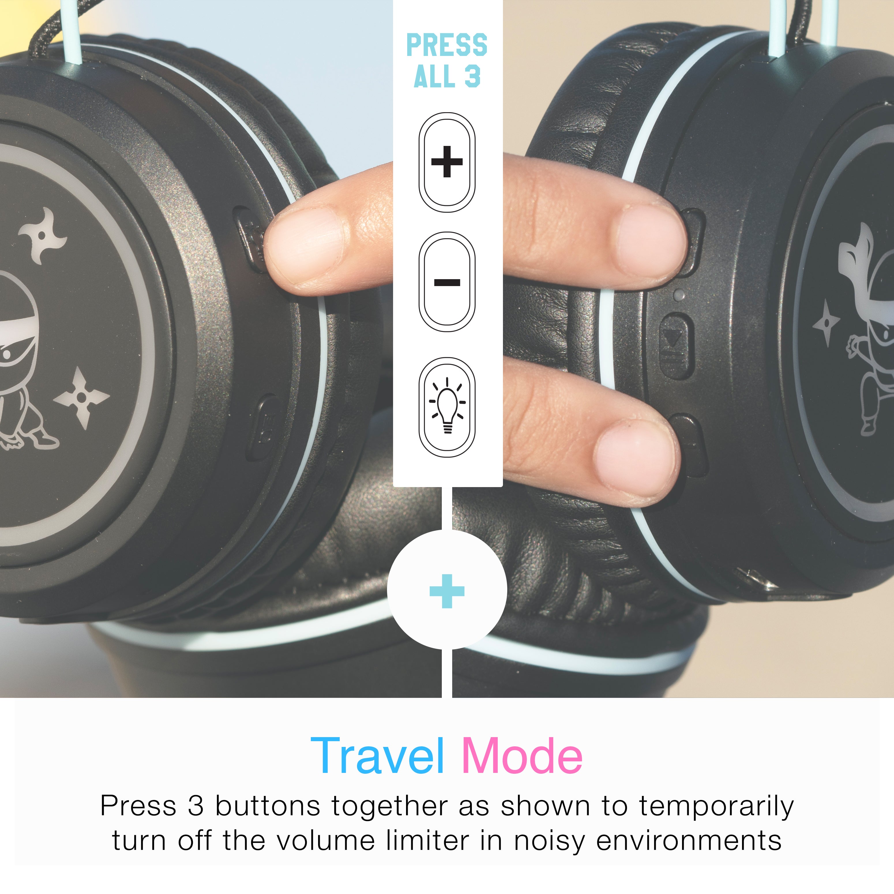 A hidden button combination lets parents temporarily disable the volume limiter so that KidJamz can be used in noisy environments, such as while traveling.