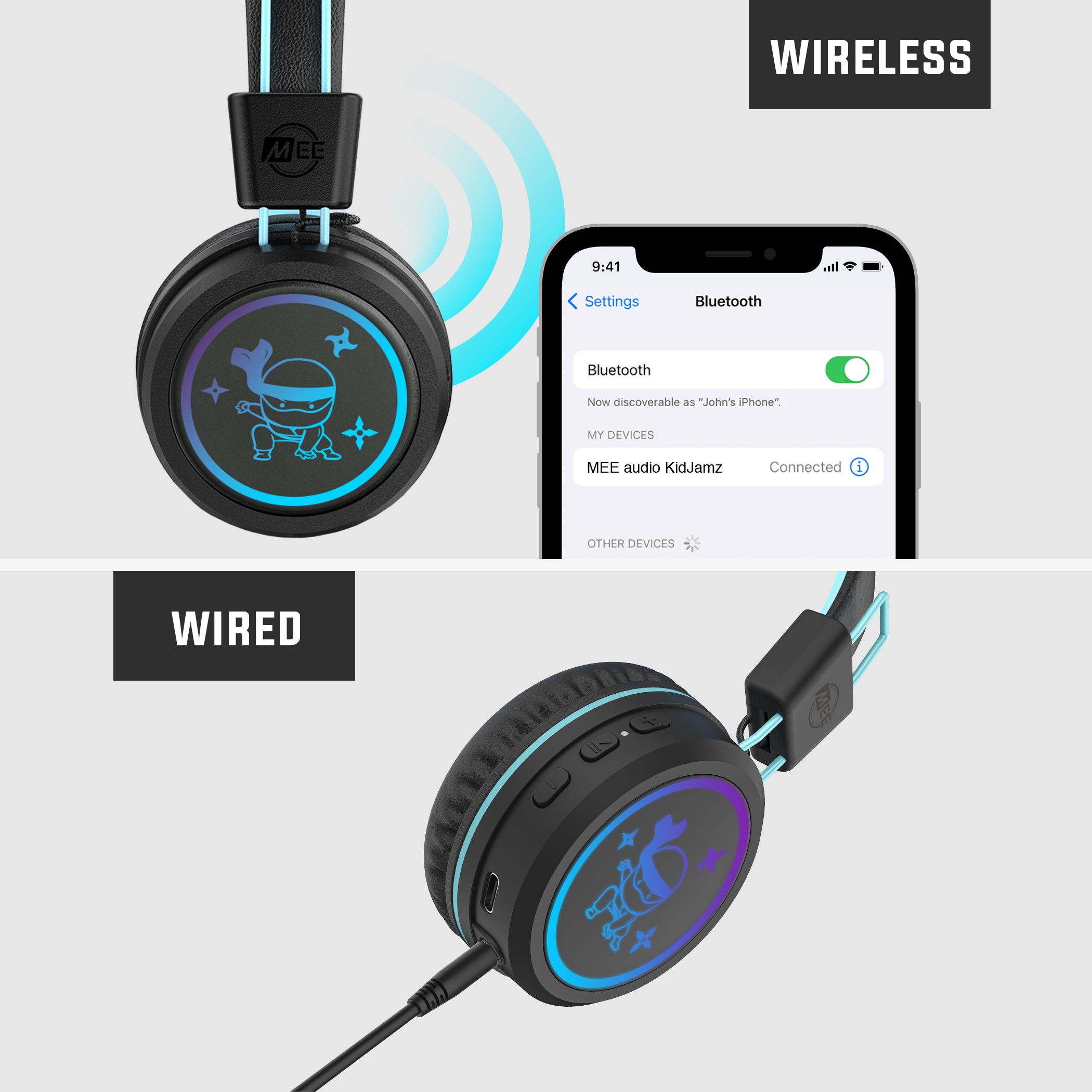 MEE audio KidJamz KJ55BT wireless headphones are designed to protect children’s hearing as they listen to movies, music, and games, giving parents peace of mind while kids enjoy the comfortable fit, long battery life, and multicolor LED-backlit designs on each earcup. Supports both wireless and wired connection via Bluetooth or standard 3.5mm jack for widest compatibility