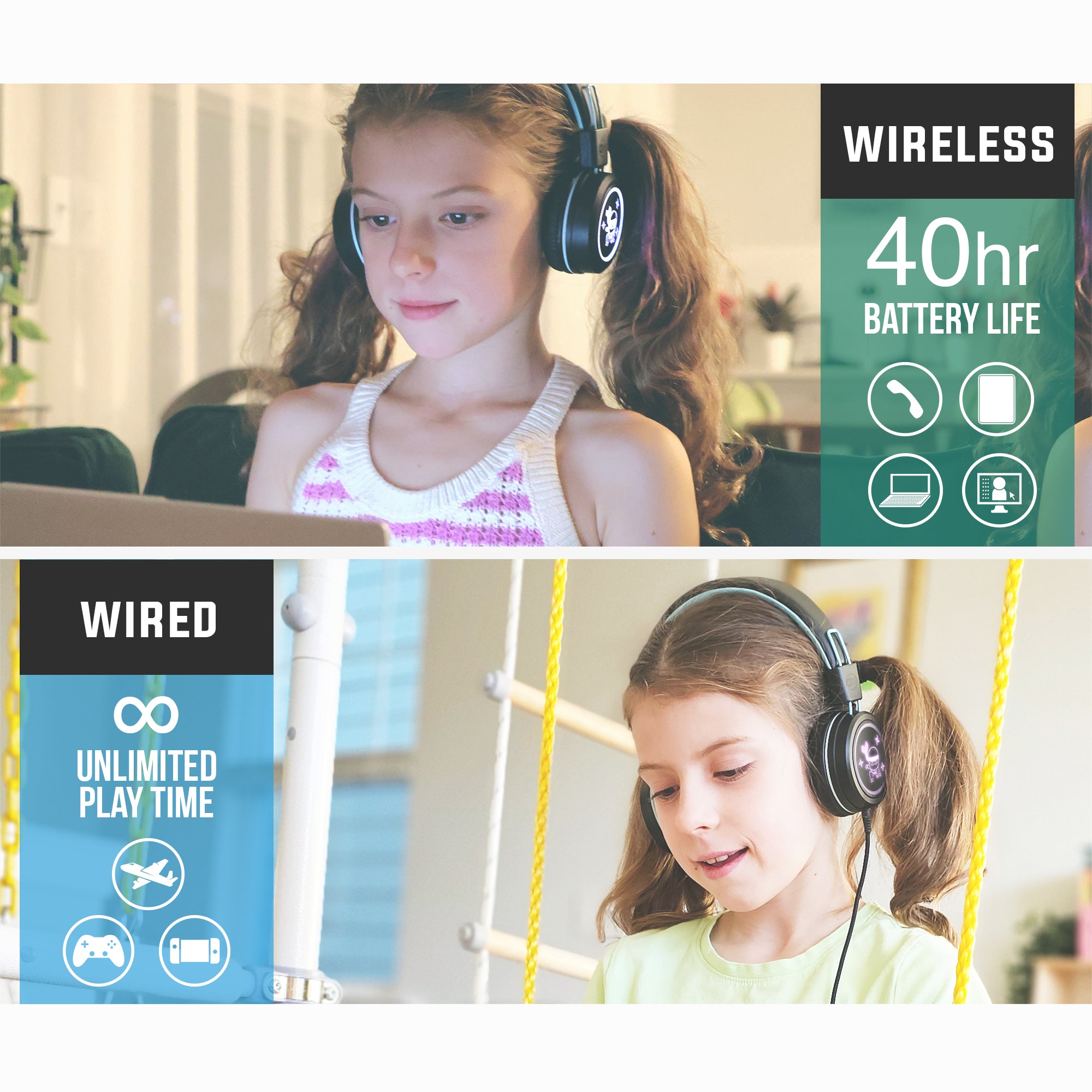 MEE audio KidJamz KJ55BT wireless headphones are designed to protect children’s hearing as they listen to movies, music, and games, giving parents peace of mind while kids enjoy the comfortable fit, long battery life, and multicolor LED-backlit designs on each earcup. Supports both wireless and wired connection via Bluetooth or standard 3.5mm jack for widest compatibility
