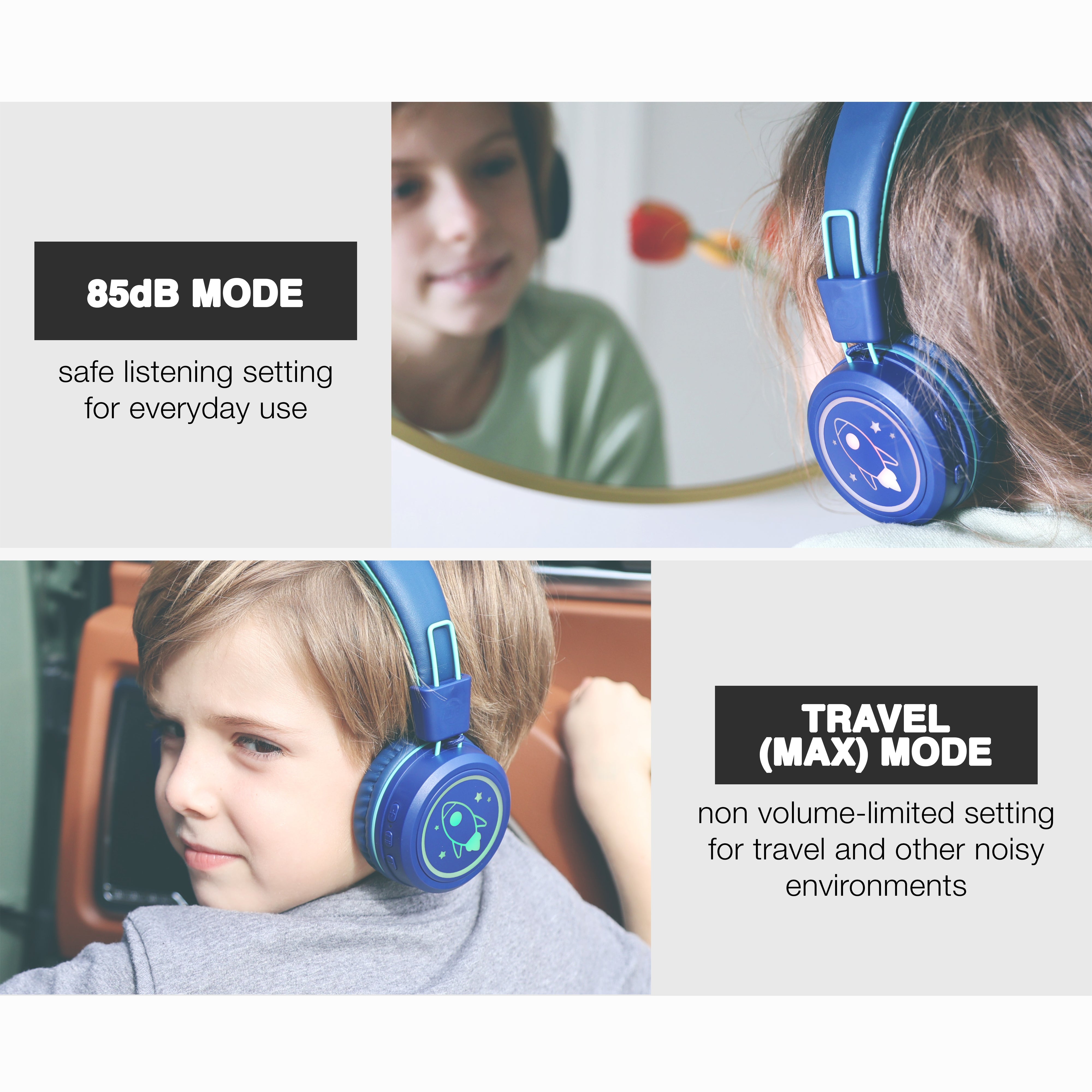 KidJamz headphones utilize a built-in volume limiter to maintain the sound pressure level (SPL) below the recommended 85dB limit, keeping young ears safe and helping build lifelong good listening habits; a hidden button combination lets parents disable the volume limiter temporarily so KidJamz can still be enjoyed in noisy environments, such as while traveling, while 4 distinct audio modes let kids further personalize their listening experience at the touch of a button
