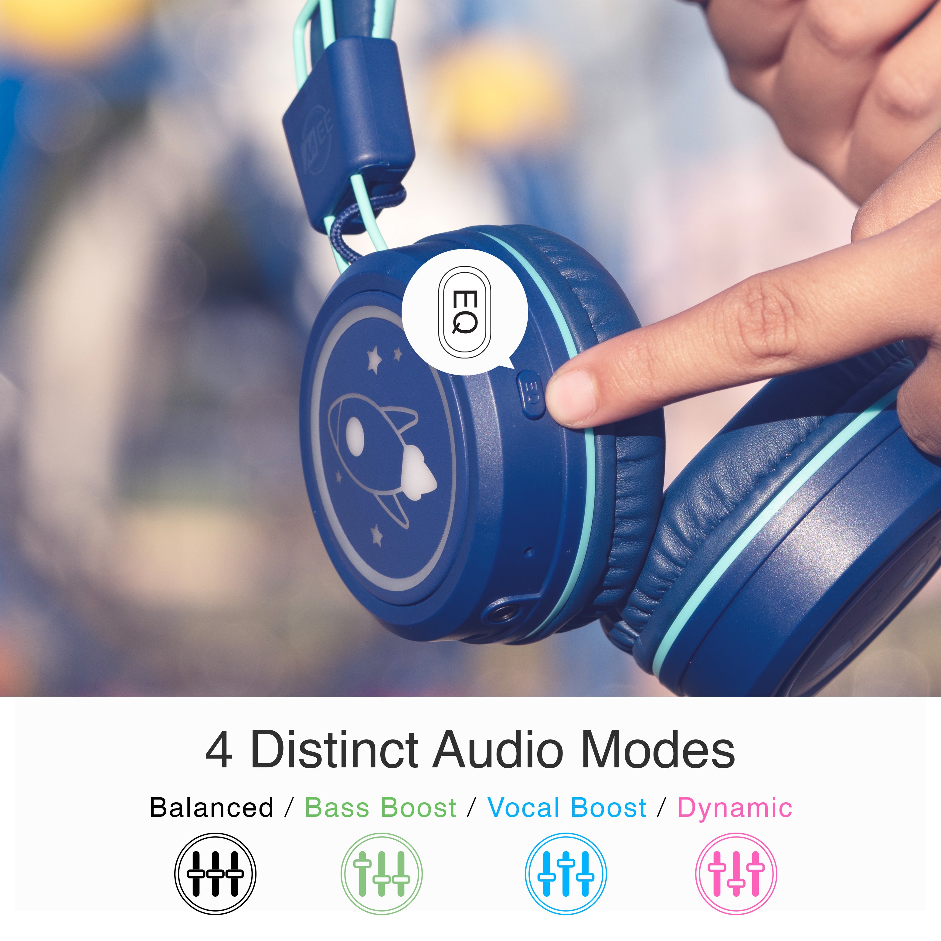 MEE audio KidJamz KJ55BT wireless headphones are designed to protect children’s hearing as they listen to movies, music, and games, giving parents peace of mind while kids enjoy the comfortable fit, long battery life, and multicolor LED-backlit designs on each earcup. Swap between four distinct audio modes at the touch of a button: bass boost, vocal boost, dynamic, balanced