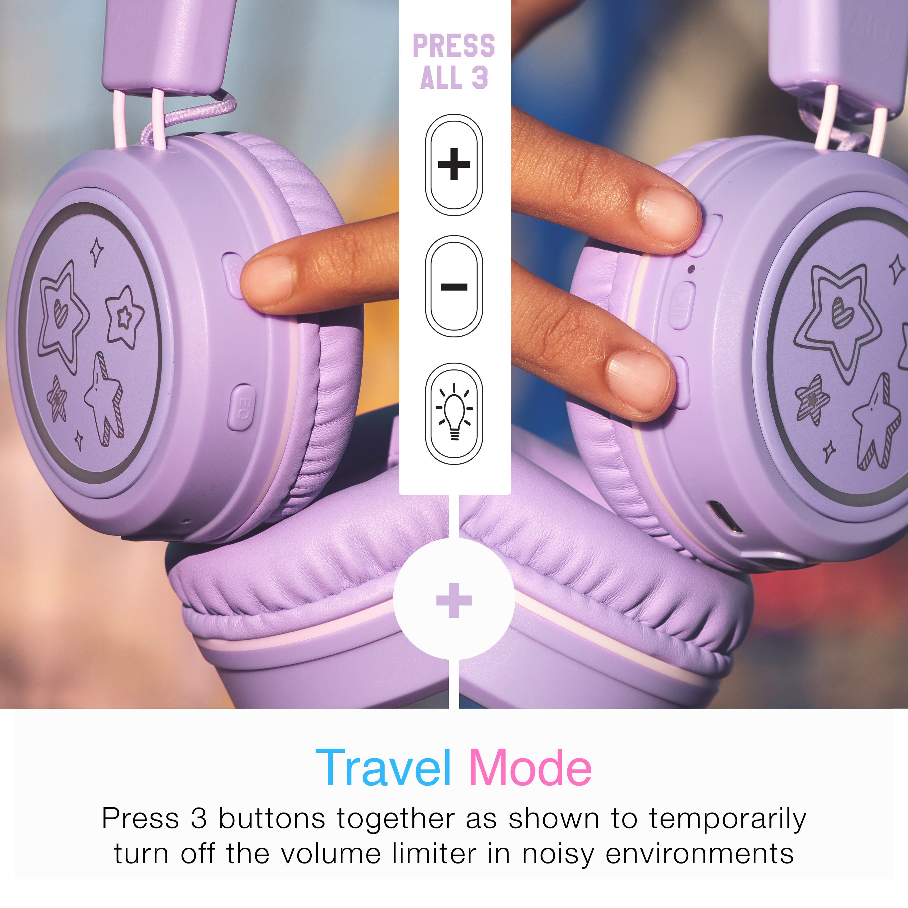 A hidden button combination lets parents temporarily disable the volume limiter so that KidJamz can be used in noisy environments, such as while traveling.