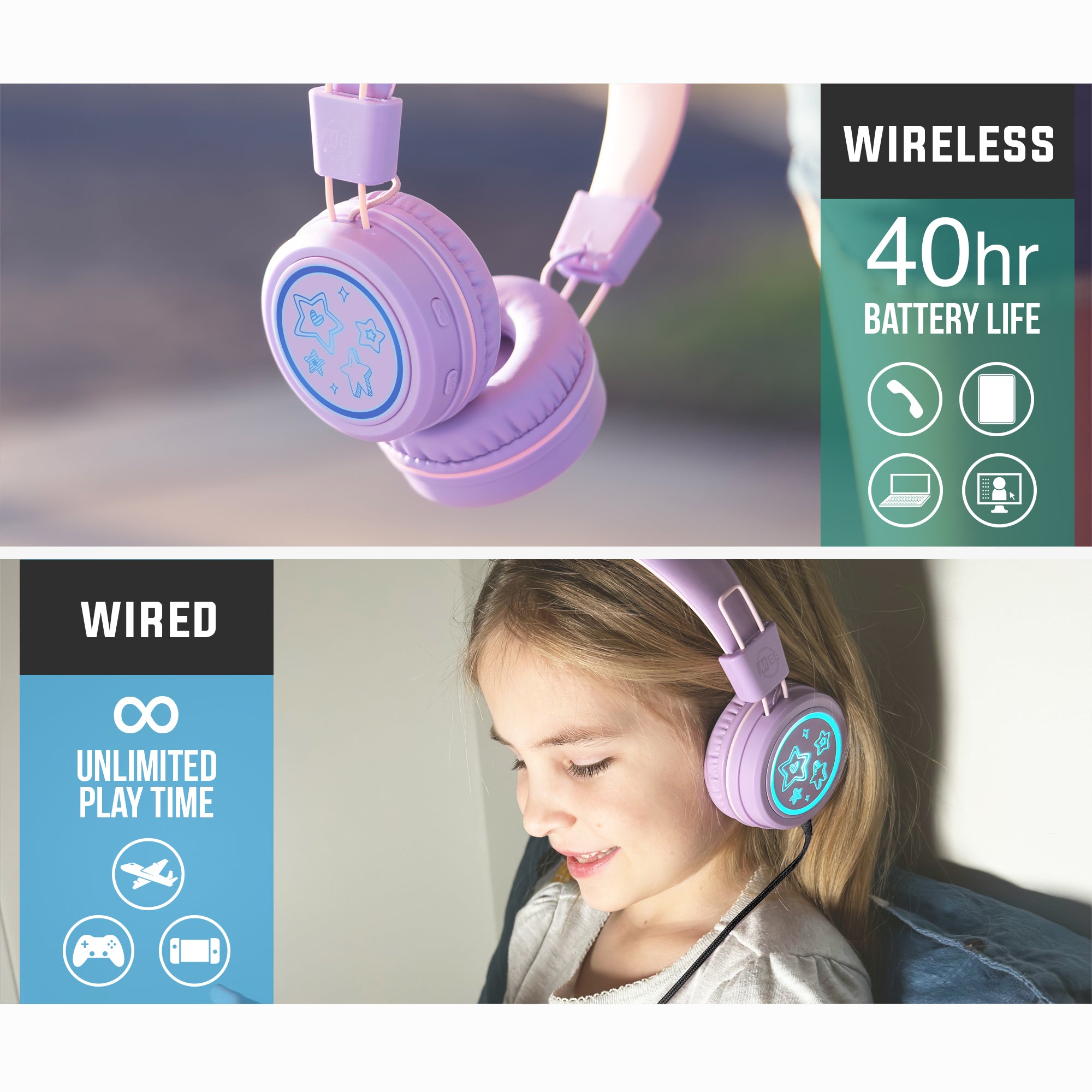 MEE audio KidJamz KJ55BT wireless headphones are designed to protect children’s hearing as they listen to movies, music, and games, giving parents peace of mind while kids enjoy the comfortable fit, long battery life, and multicolor LED-backlit designs on each earcup. Supports both wireless and wired connection via Bluetooth or standard 3.5mm jack for widest compatibility
