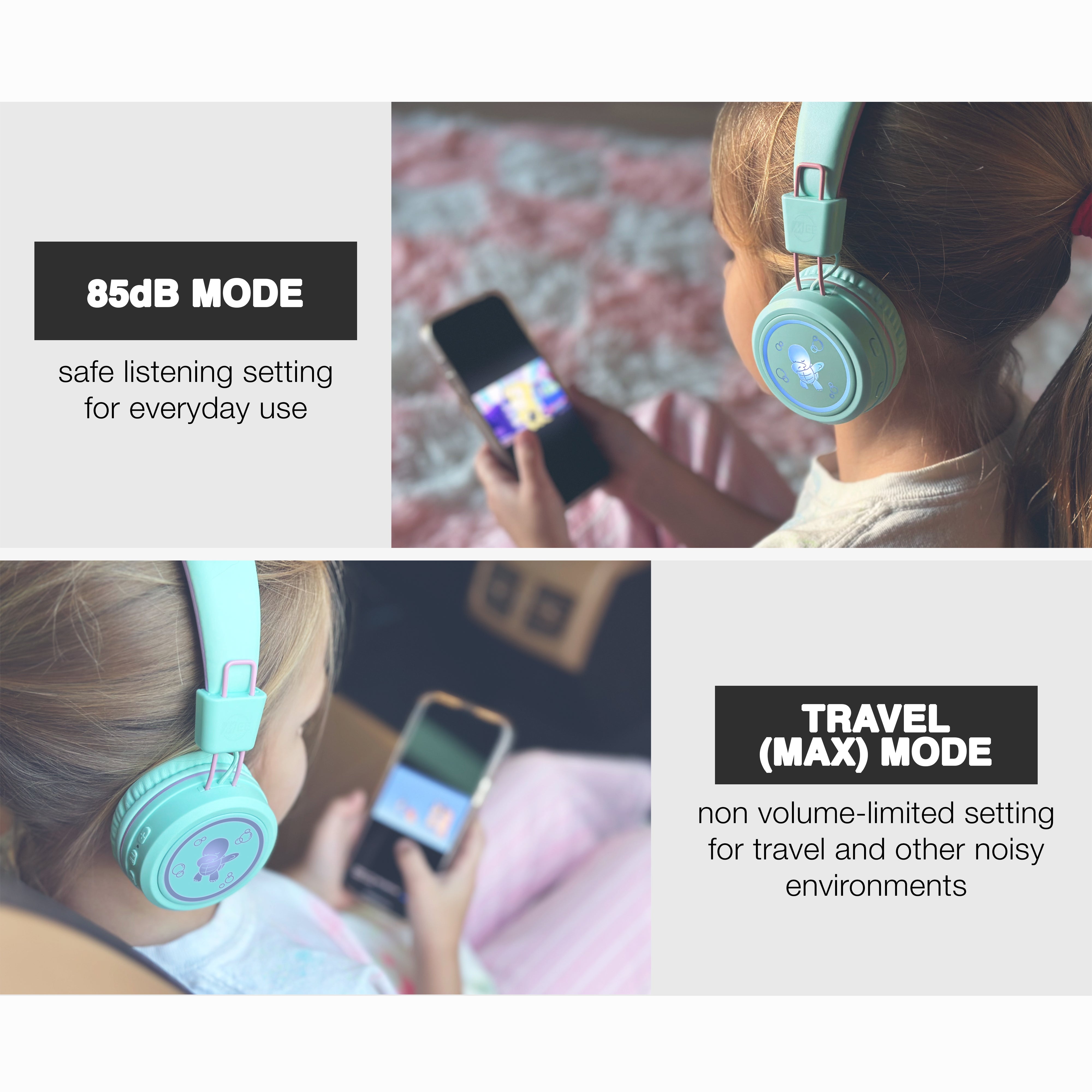 KidJamz headphones utilize a built-in volume limiter to maintain the sound pressure level (SPL) below the recommended 85dB limit, keeping young ears safe and helping build lifelong good listening habits; a hidden button combination lets parents disable the volume limiter temporarily so KidJamz can still be enjoyed in noisy environments, such as while traveling, while 4 distinct audio modes let kids further personalize their listening experience at the touch of a button