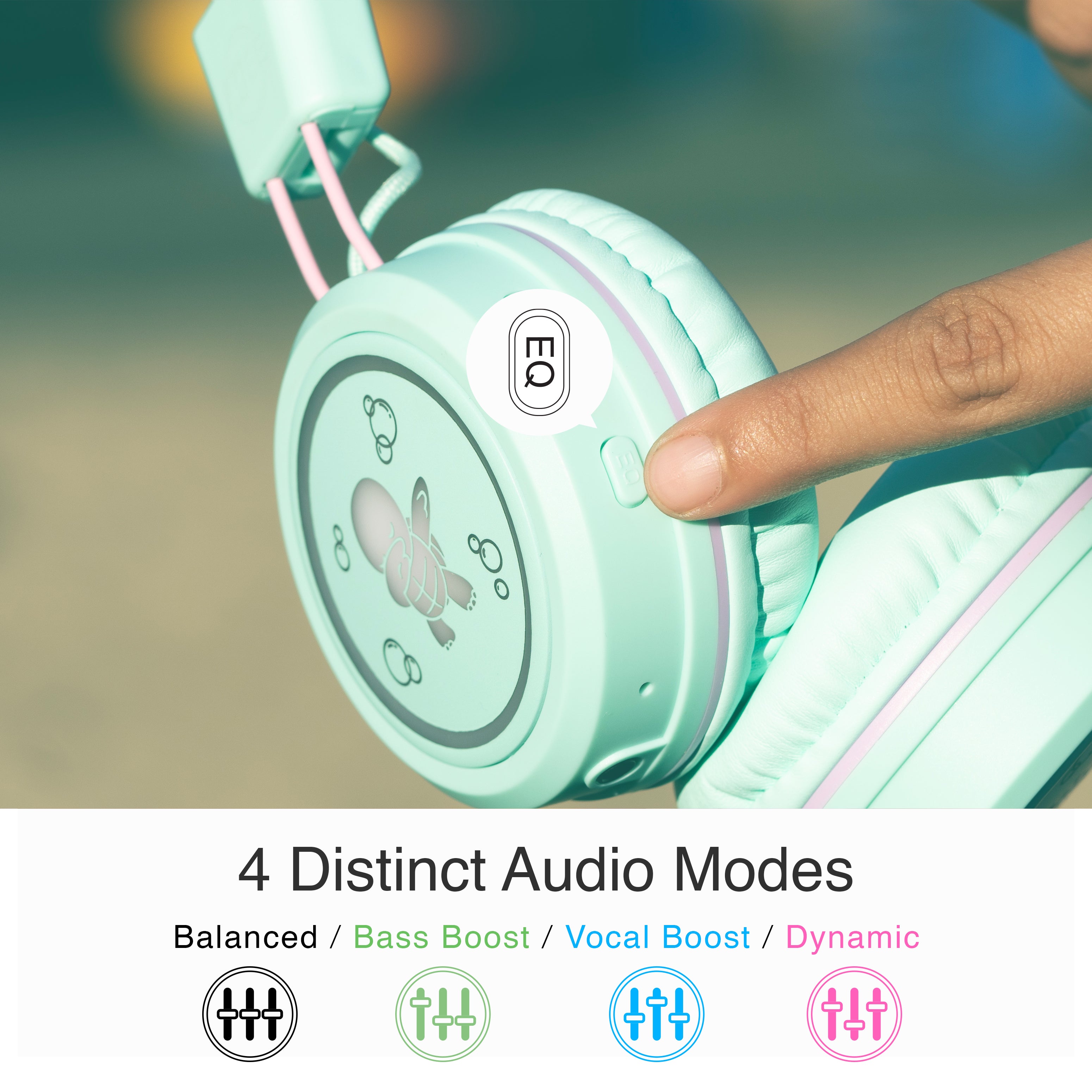 MEE audio KidJamz KJ55BT wireless headphones are designed to protect children’s hearing as they listen to movies, music, and games, giving parents peace of mind while kids enjoy the comfortable fit, long battery life, and multicolor LED-backlit designs on each earcup. Swap between four distinct audio modes at the touch of a button: bass boost, vocal boost, dynamic, balanced