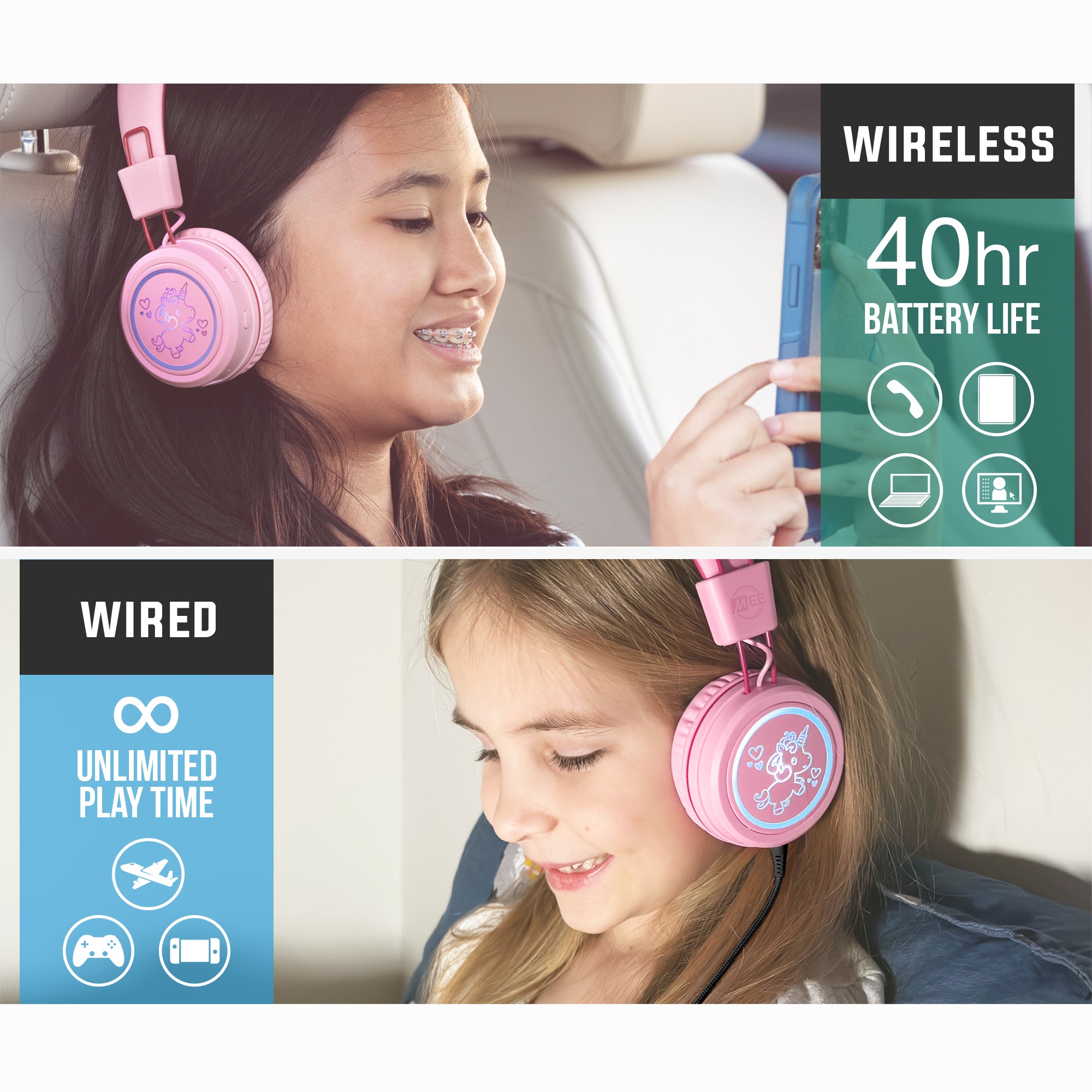 MEE audio KidJamz KJ55BT wireless headphones are designed to protect children’s hearing as they listen to movies, music, and games, giving parents peace of mind while kids enjoy the comfortable fit, long battery life, and multicolor LED-backlit designs on each earcup. Supports both wireless and wired connection via Bluetooth or standard 3.5mm jack for widest compatibility