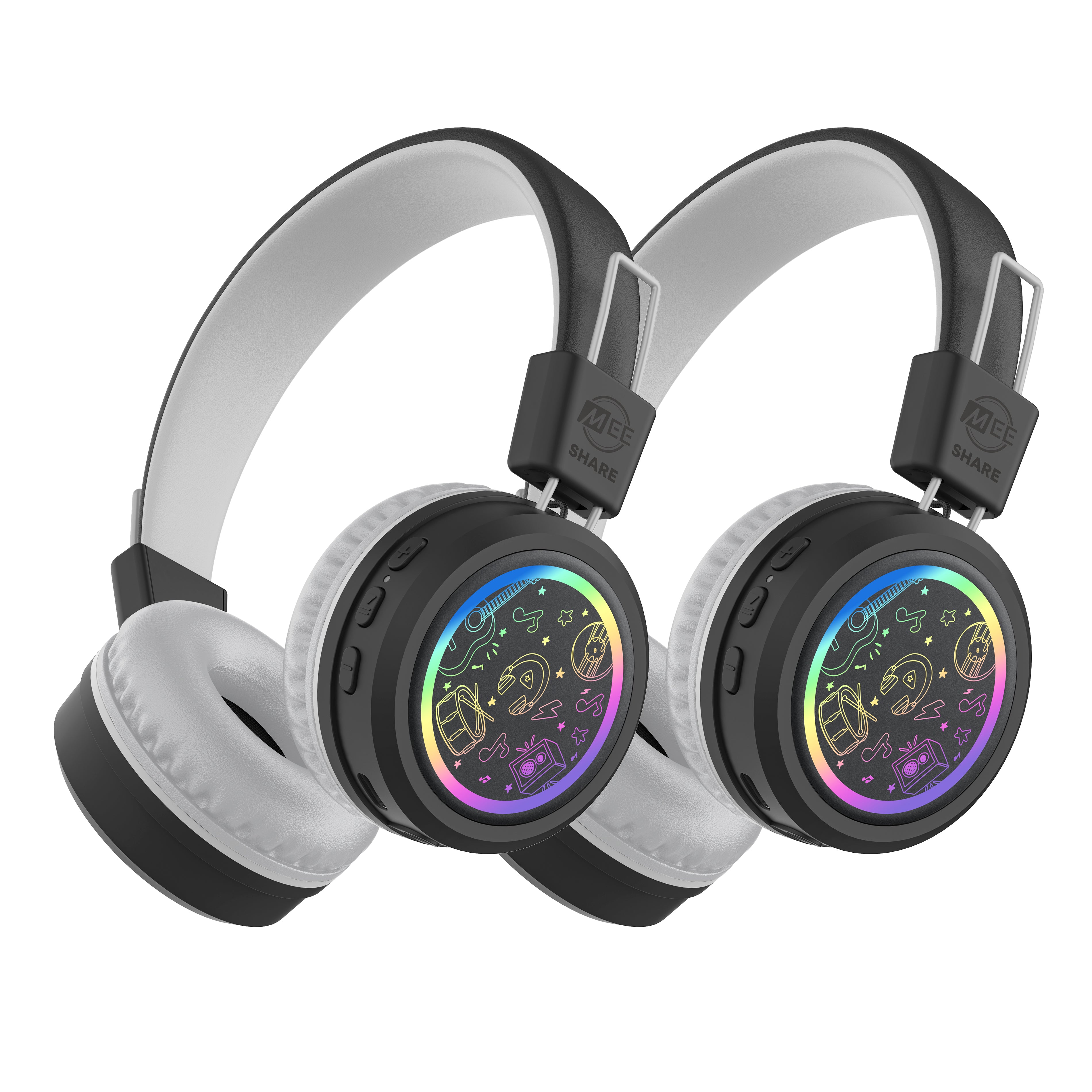 Pair of MEE audio KidJamz Share Bluetooth Wireless Headphones for Kids with LED Lights, 85dB Volume Limiter, Microphone, 40h battery; Childrens Headset for School/iPhone/iPad/Tablet