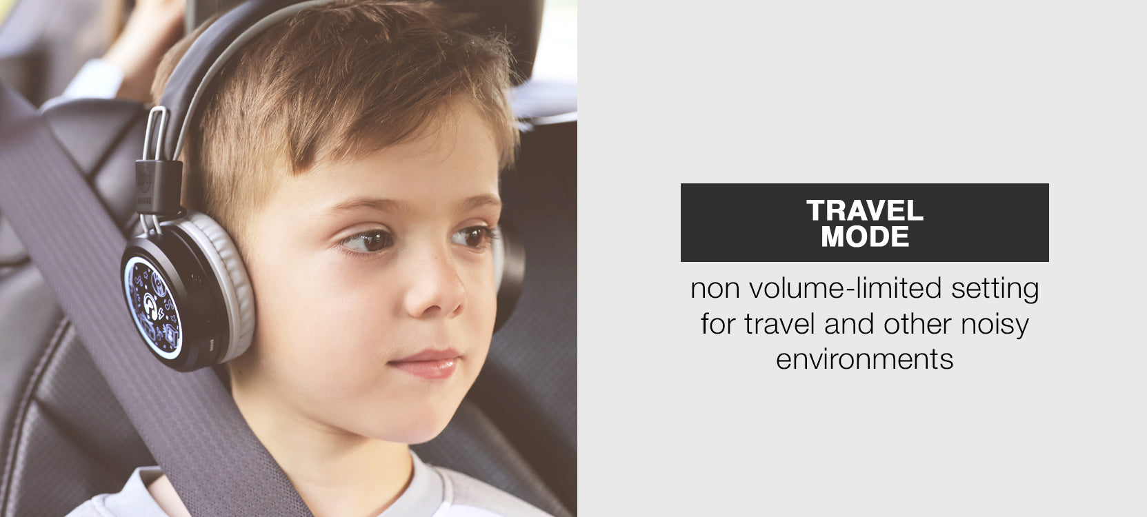 Child wearing MEE audio KidJamz Share Bluetooth Wireless Headphones for Kids with Multipoint, LED Lights, 85dB Volume Limiter, Microphone, 40h battery; Childrens Headset for School/iPhone/iPad/Tablet in a park setting with a travel mode label on a gray background