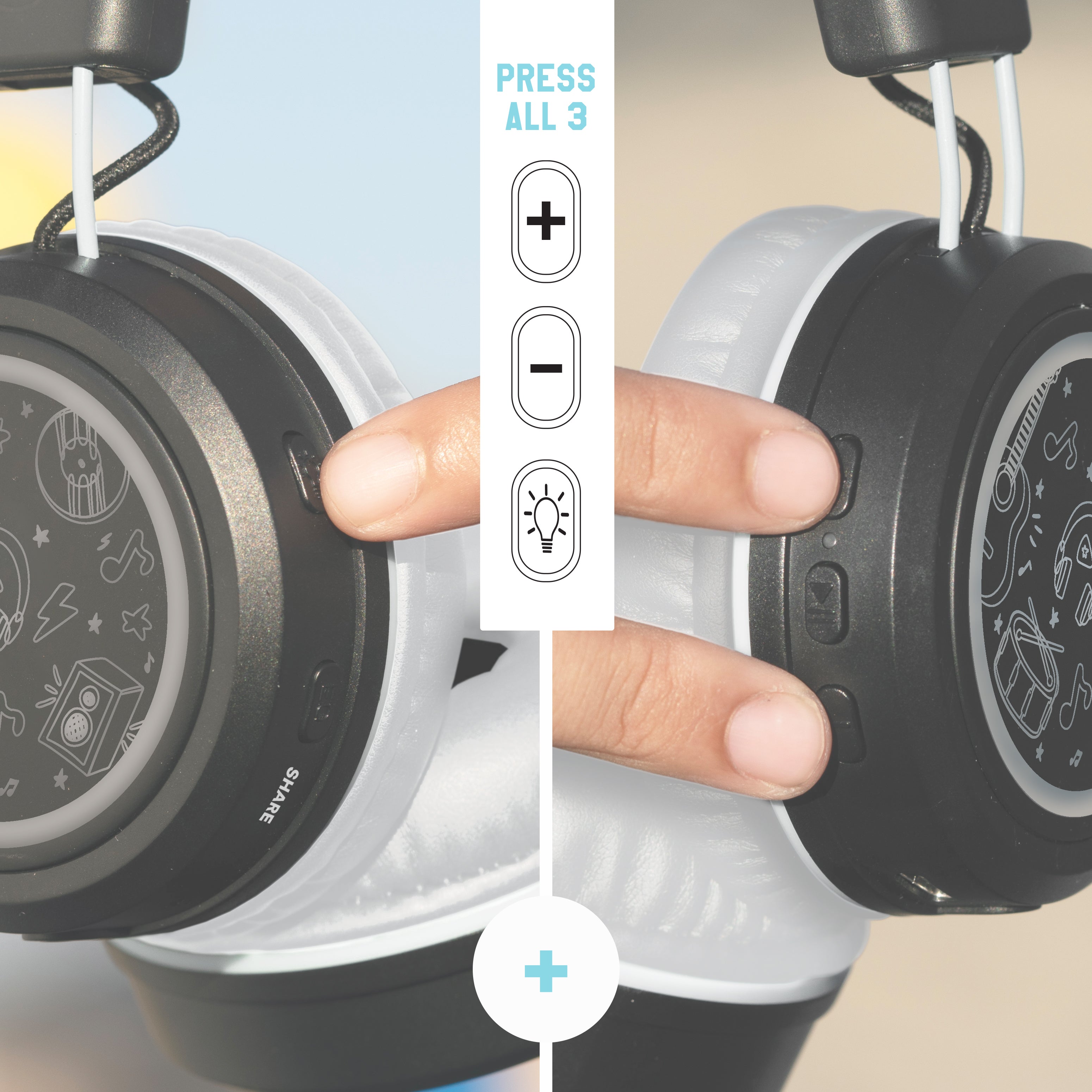 Close-up of a person pressing buttons on a MEE audio KidJamz Share Bluetooth Wireless Headphones for Kids with Multipoint, LED Lights, 85dB Volume Limiter, Microphone, 40h battery; Childrens Headset for School/iPhone/iPad/Tablet