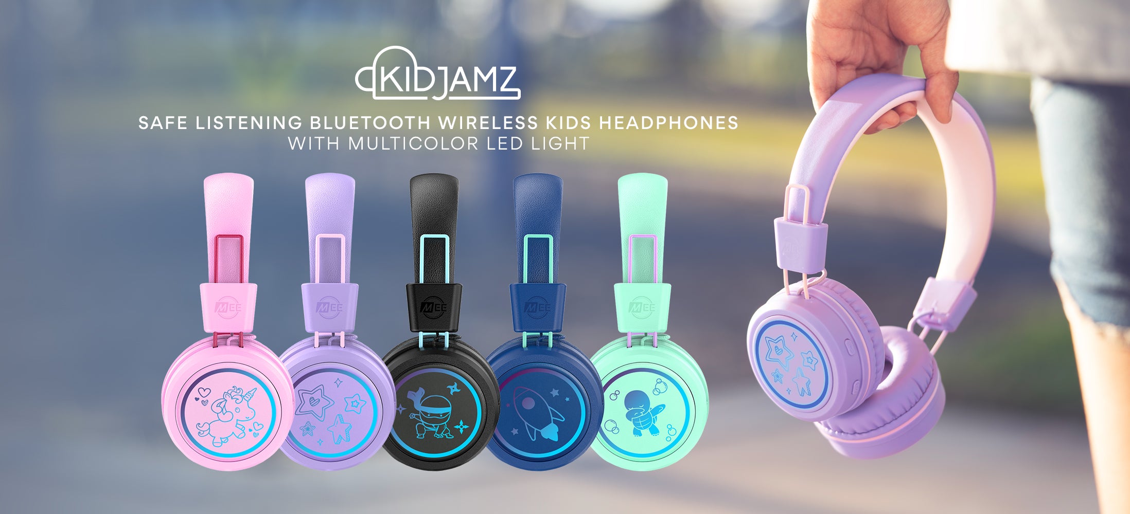 Load video: A video showcasing BRIGHT. FUN. COLORFUL. MEE audio KidJamz Wireless Safe Listening Headphones for Kids with LED Lights