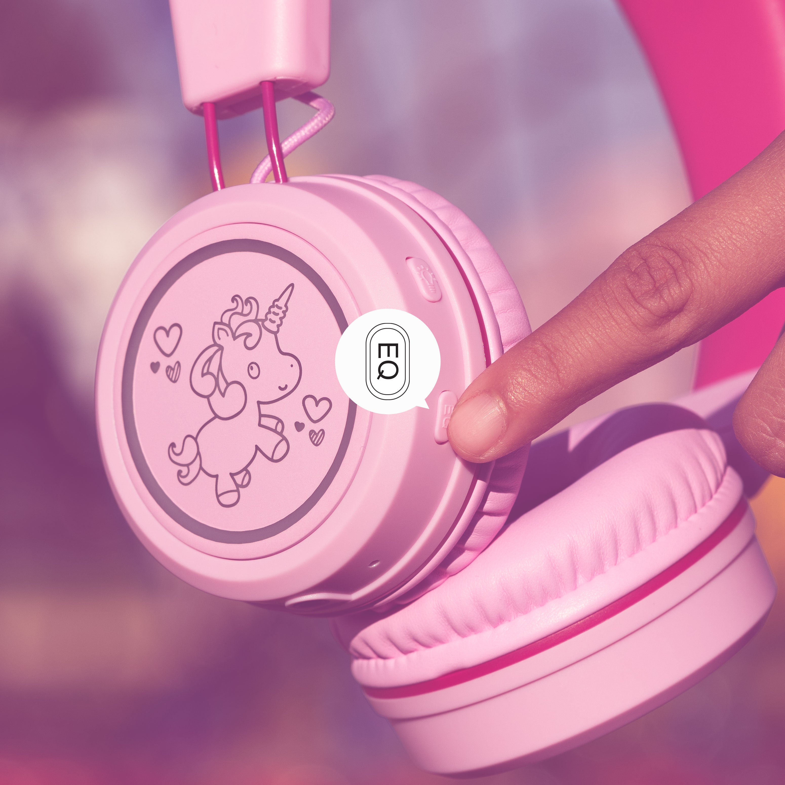 EQ button of MEE audio KidJamz KJ55BT Bluetooth Wireless Safe Listening Headphones for Children with LED Lights, 85dB Volume Limiter, Microphone, & 40h battery; Kids Headset for School / iPhone / iPad / Tablet