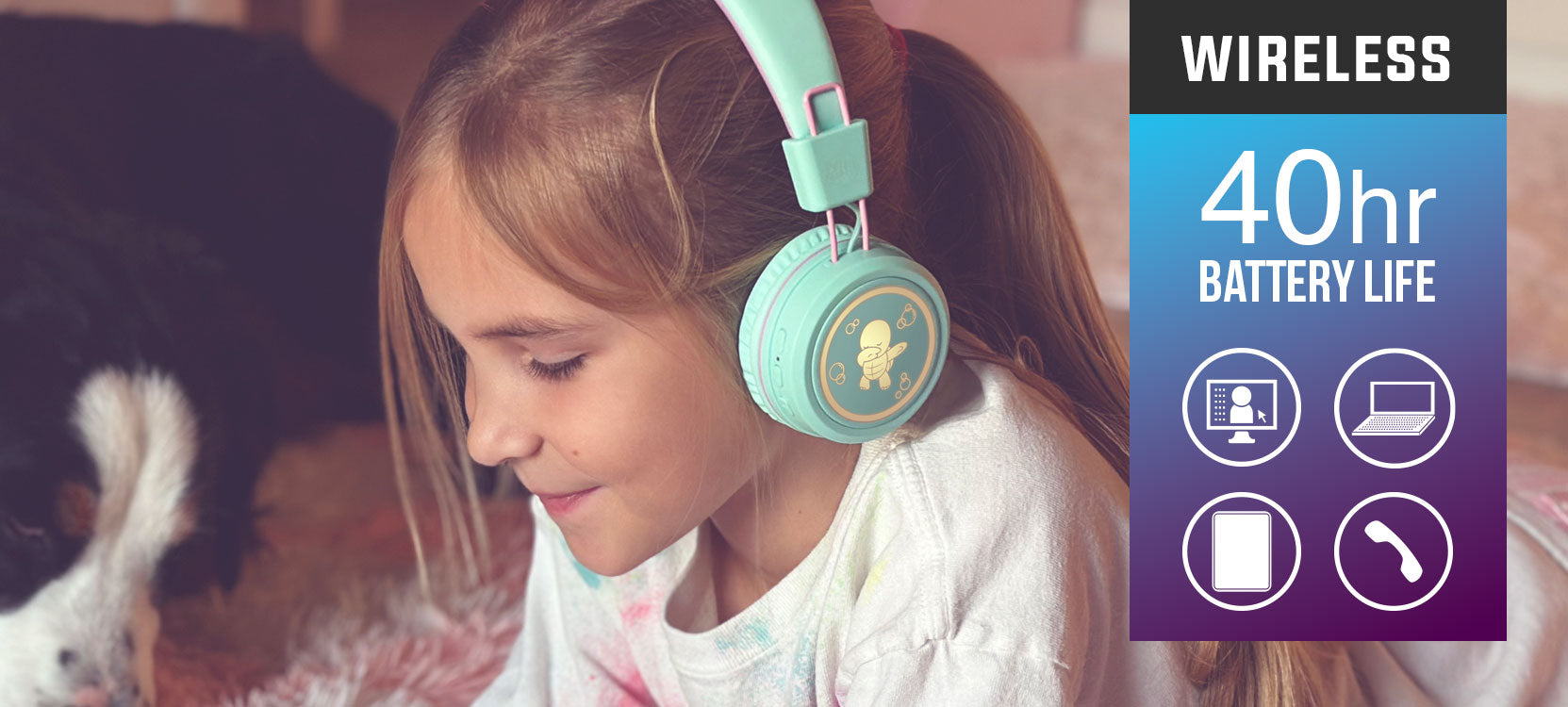 Image of a girl wearing the MEE audio KidJamz KJ55BT Bluetooth Wireless Safe Listening Headphones for Children with LED Lights, 85dB Volume Limiter, Microphone, & 40h battery; Kids Headset for School / iPhone / iPad / Tablet