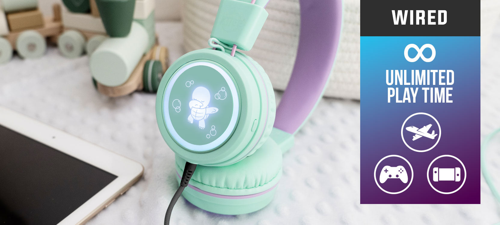 Image of the MEE audio KidJamz KJ55BT Bluetooth Wireless Safe Listening Headphones for Children with LED Lights, 85dB Volume Limiter, Microphone, & 40h battery; Kids Headset for School / iPhone / iPad / Tablet