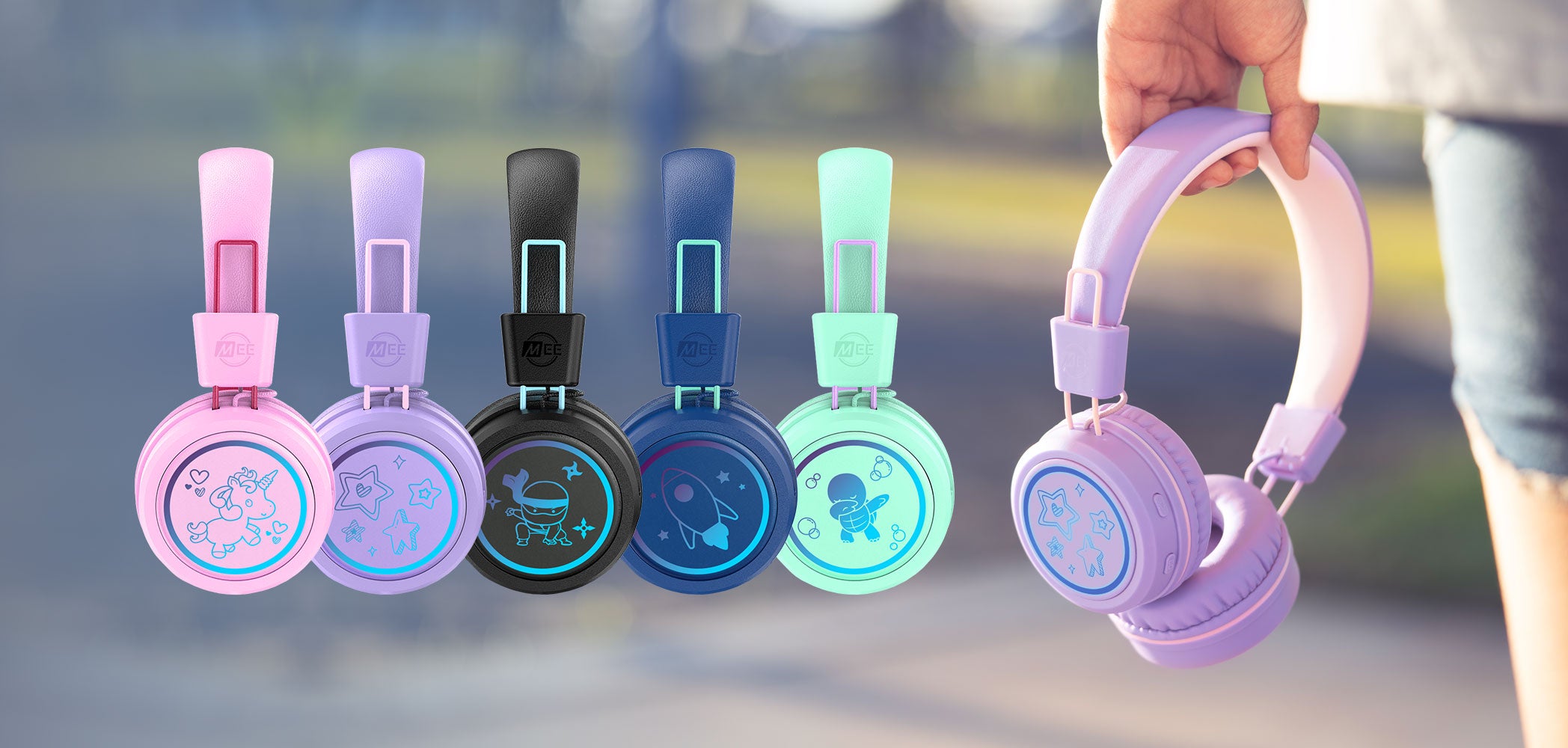 Composite image of MEE audio KidJamz KJ55BT Bluetooth Wireless Safe Listening Headphones for Children with LED Lights, 85dB Volume Limiter, Microphone, & 40h battery; Kids Headset for School / iPhone / iPad / Tablet